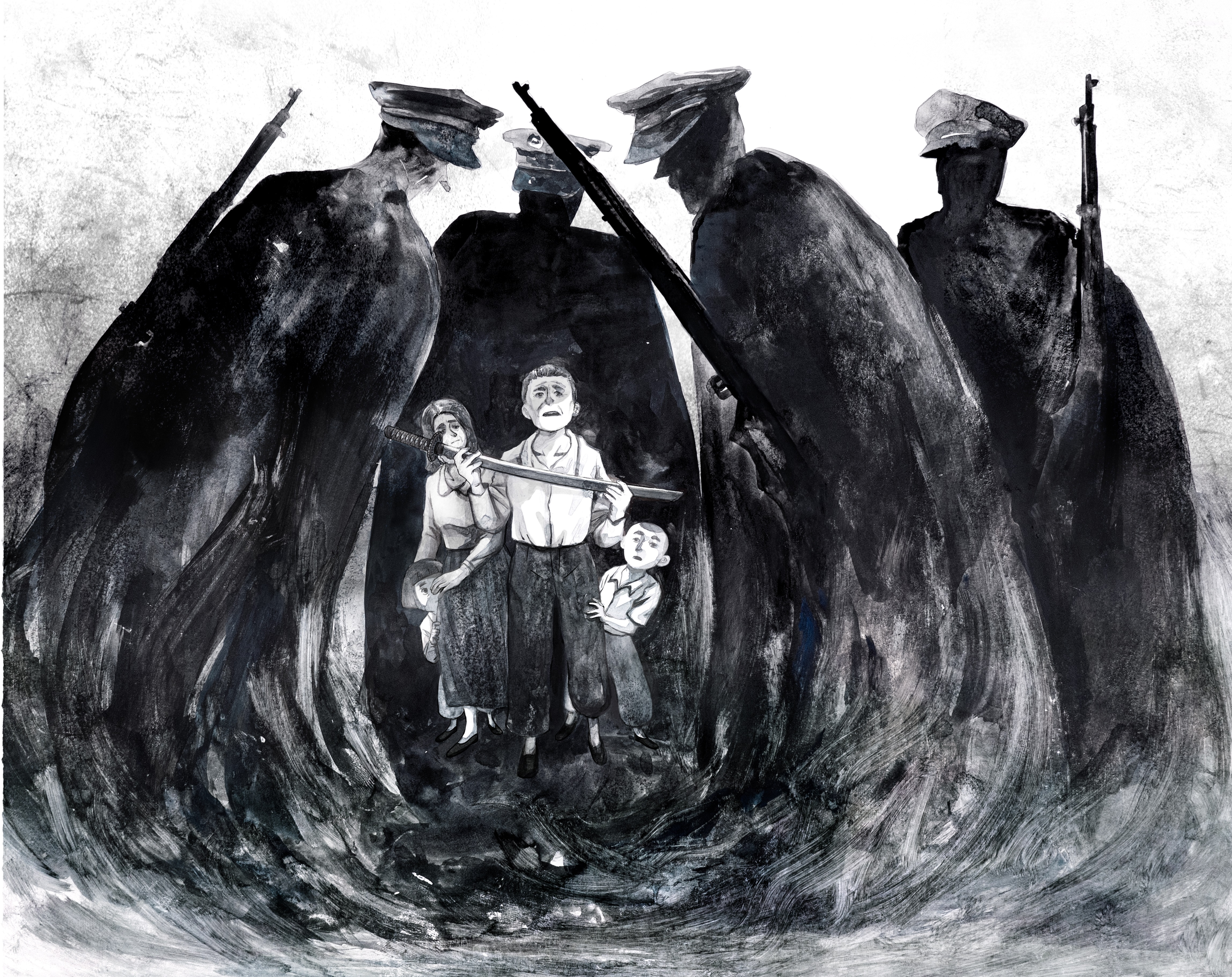 楊牧成長於充滿禁忌的年代，圖為漫畫描述戒嚴時期國民黨軍人到家中拿走日本人武士刀的情節。（目宿媒體提供）