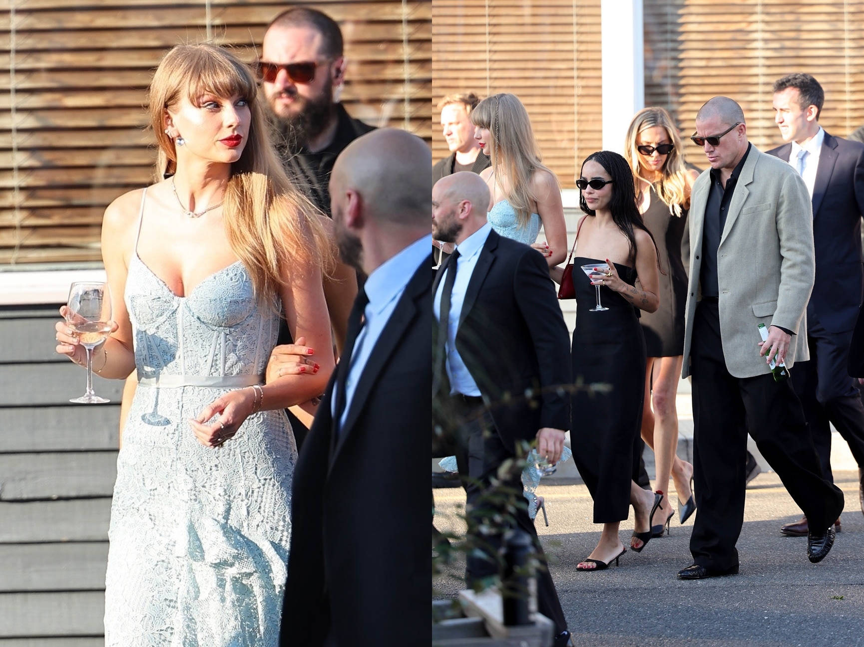 獨自出席婚禮的泰勒絲（左圖）。柔伊克拉維茲（右圖黑衣女）一身黑色打扮，看起來很酷，男友查寧塔圖（右圖灰西裝男）也是一身黑衣服。（東方IC）