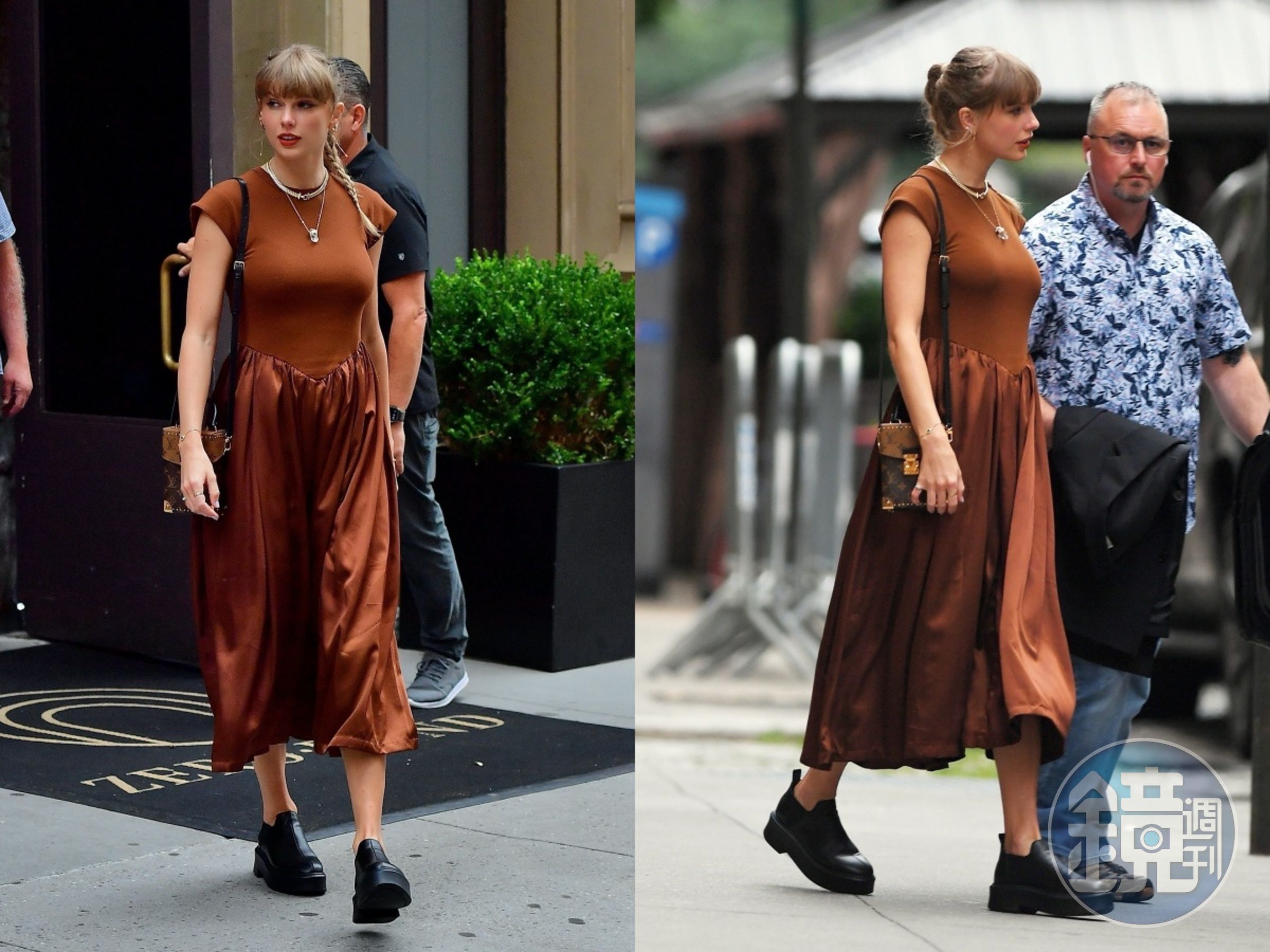 泰勒絲(Taylor Swift)走在紐約街頭,側背著LOUIS VUITTON新款Camara Box手袋。(路易威登提供)