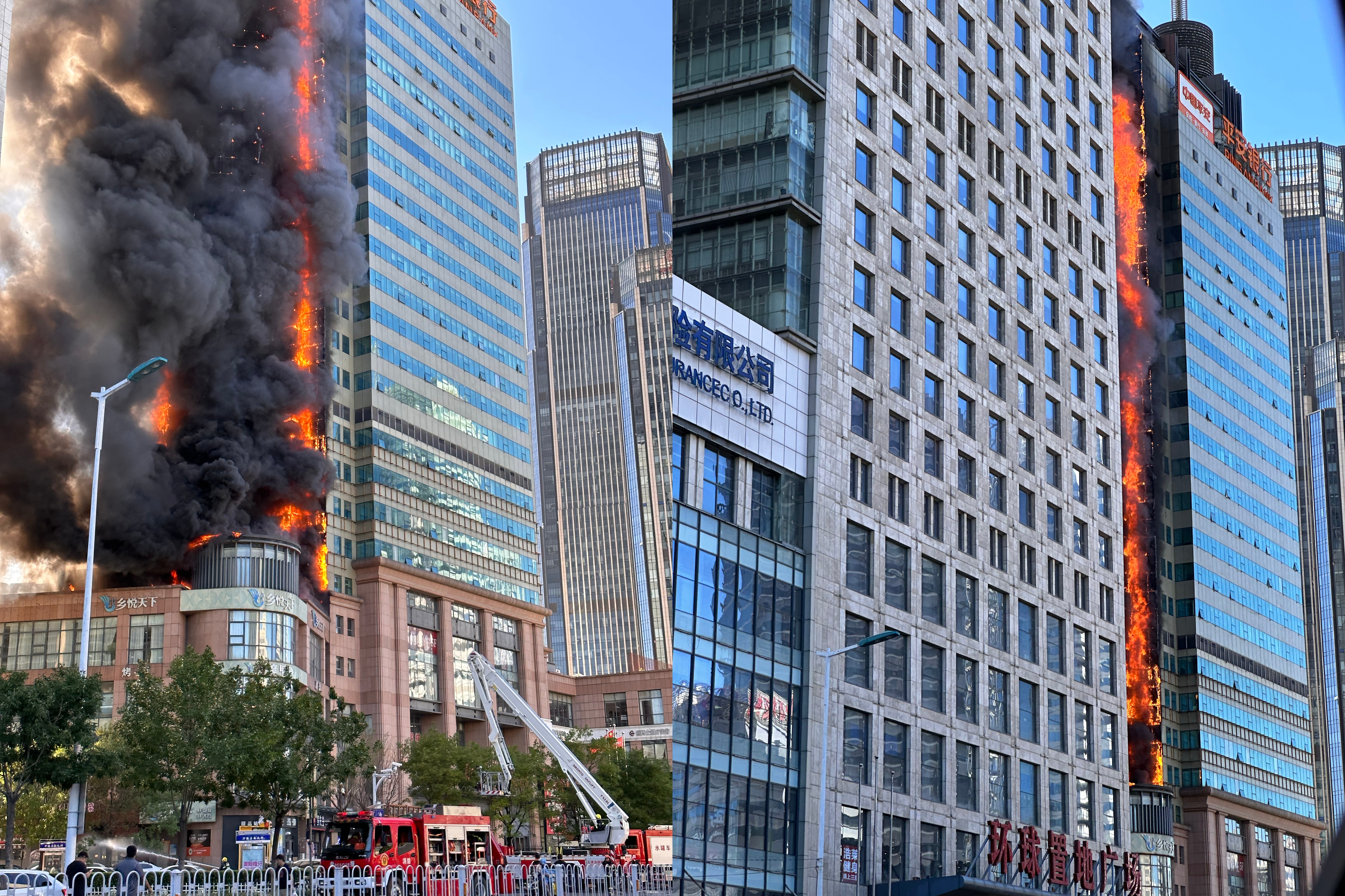 天津某大樓發生火災，火勢之大畫面觸目驚心。（翻攝自微博）