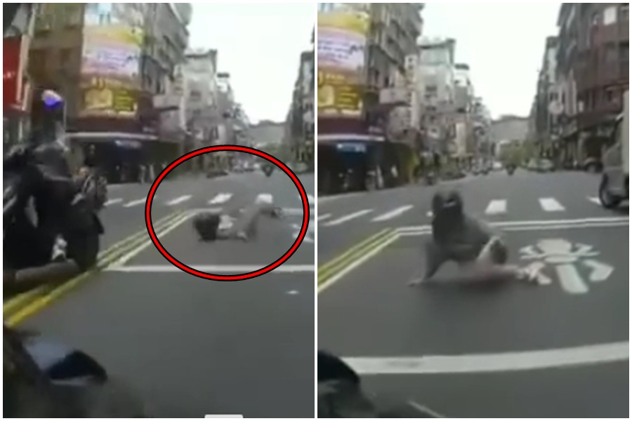 一對男女雙載，卻沒想到後座女子無預警摔下車，還翻到對向車道中。（翻攝自臉書）