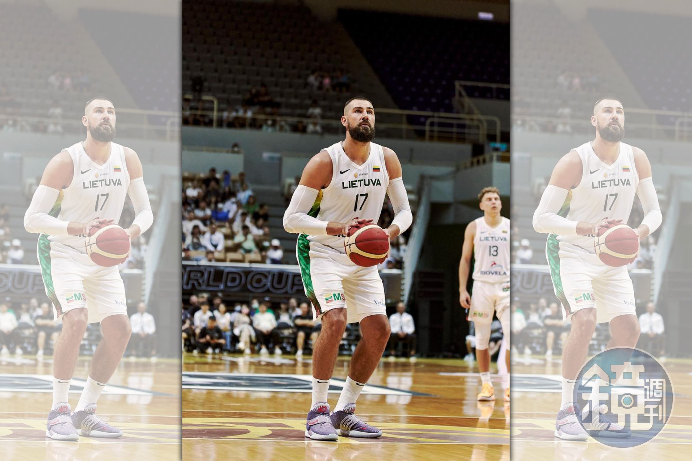 來台備戰世界盃男籃賽的立陶宛球員、NBA球星「瓦倫邱納斯」被民眾拍到進出夜店後，逼迫對方交出手機刪照。（翻攝自籃球筆記臉書）