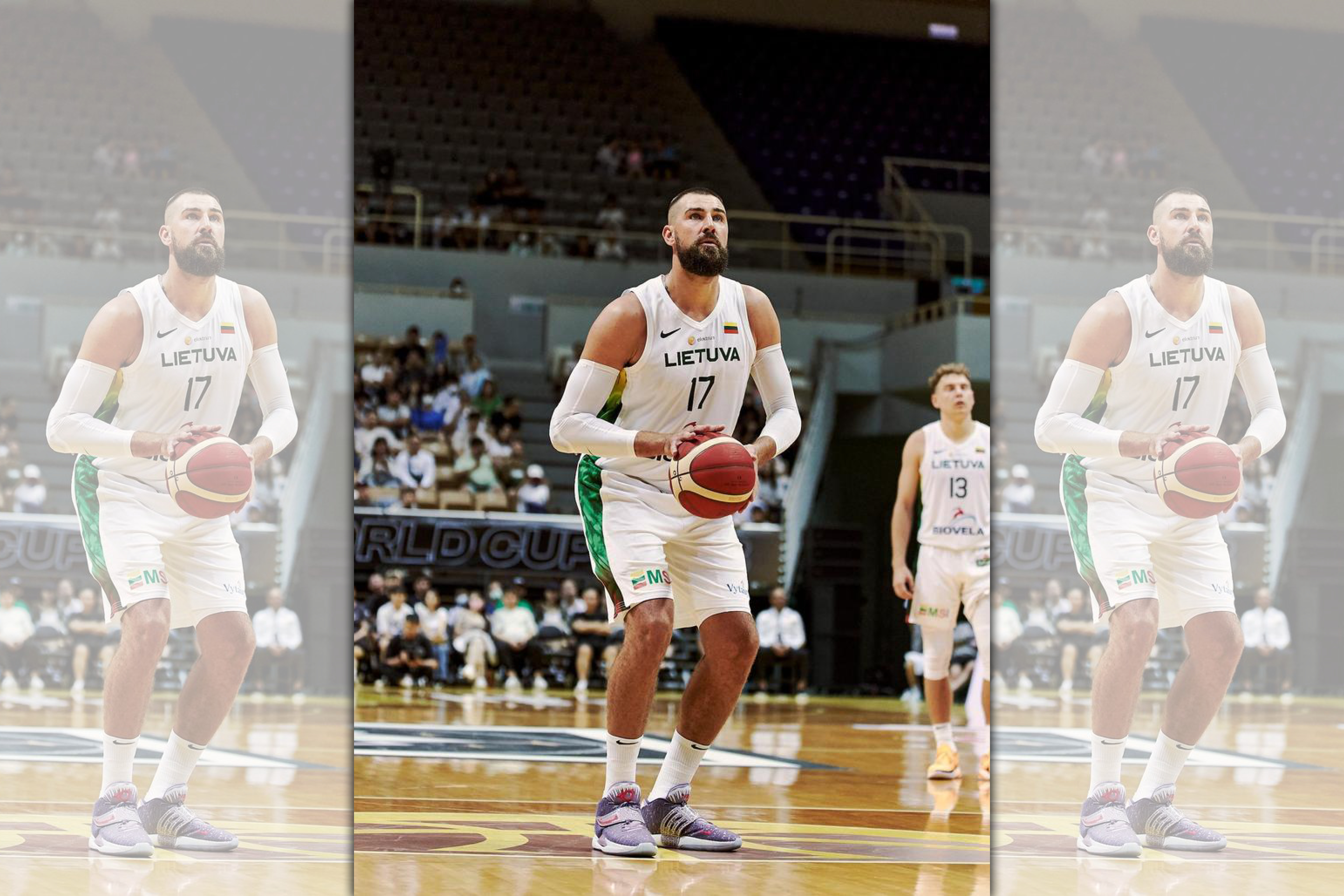 來台備戰世界盃男籃賽的立陶宛球員、NBA球星「瓦倫邱納斯」被民眾拍到進出夜店後，逼迫對方交出手機刪照。（翻攝自籃球筆記臉書）