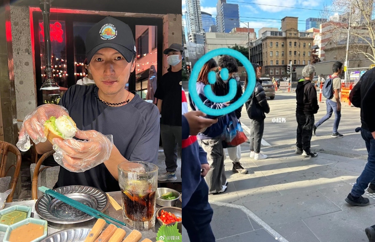 謝霆鋒大啖美食，兒子Lucas卻被拍到與女生在街頭並肩看手機，被揣測戀情曝光。（翻攝自鋒味微博、小紅書）