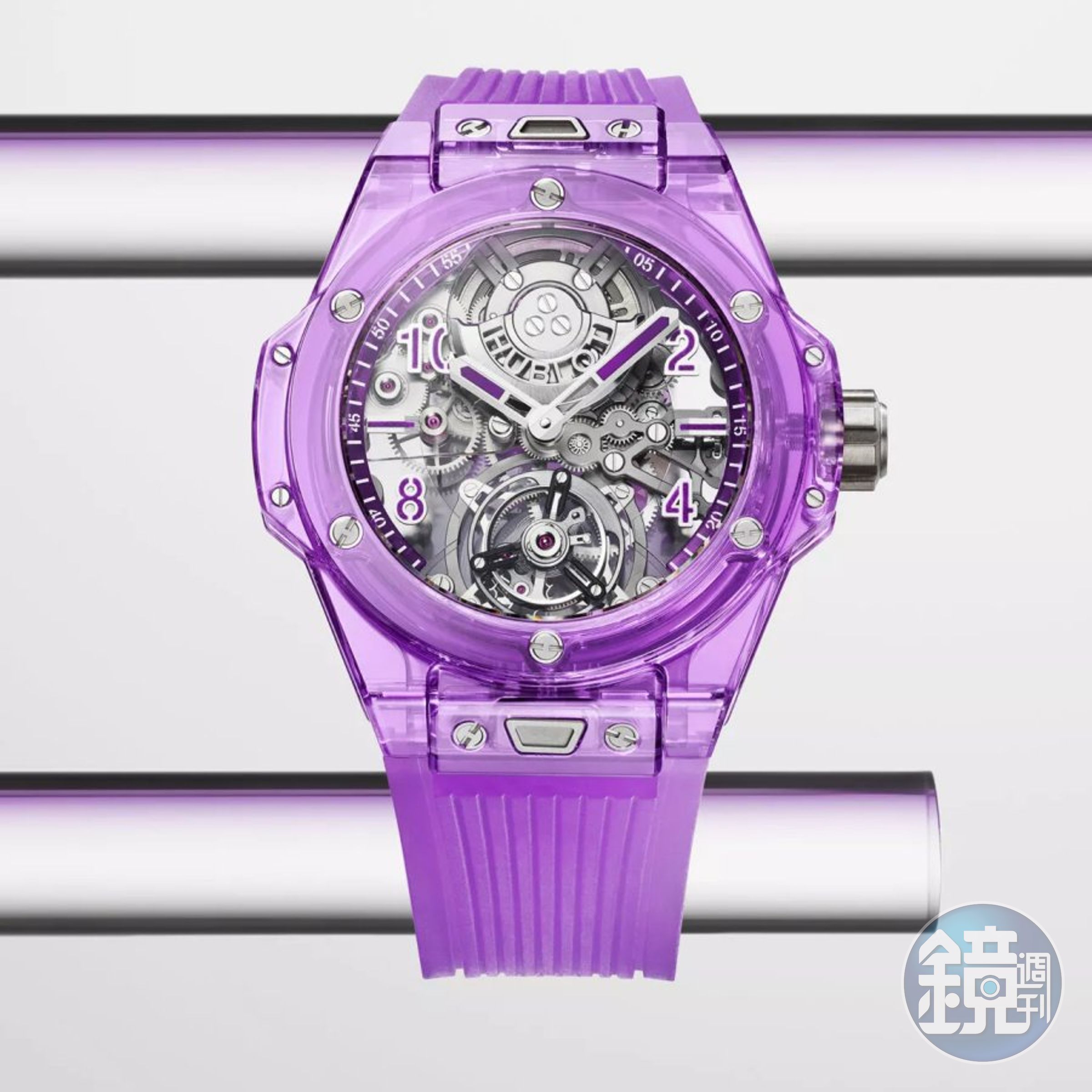 HUBLOT Big Bang Tourbillon Automatic「自動上鏈陀飛輪」紫色藍寶石水晶腕錶，定價約NT$6,213,000。