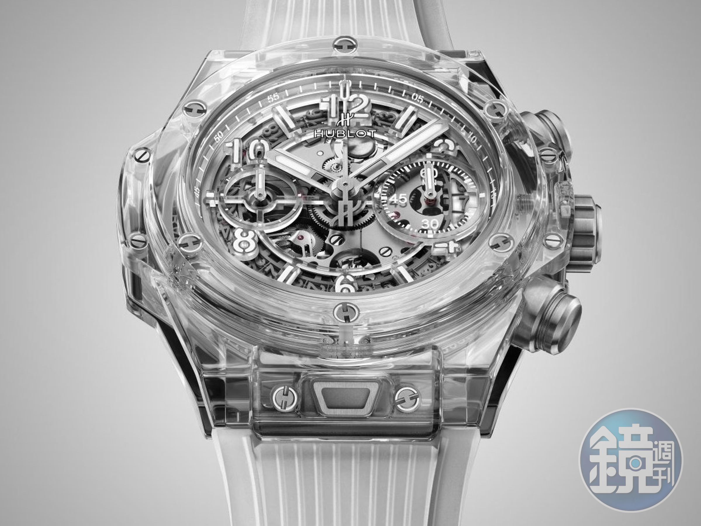 HUBLOT Big Bang Unico透明藍寶石水晶計時碼錶，定價約NT$2,126,000。