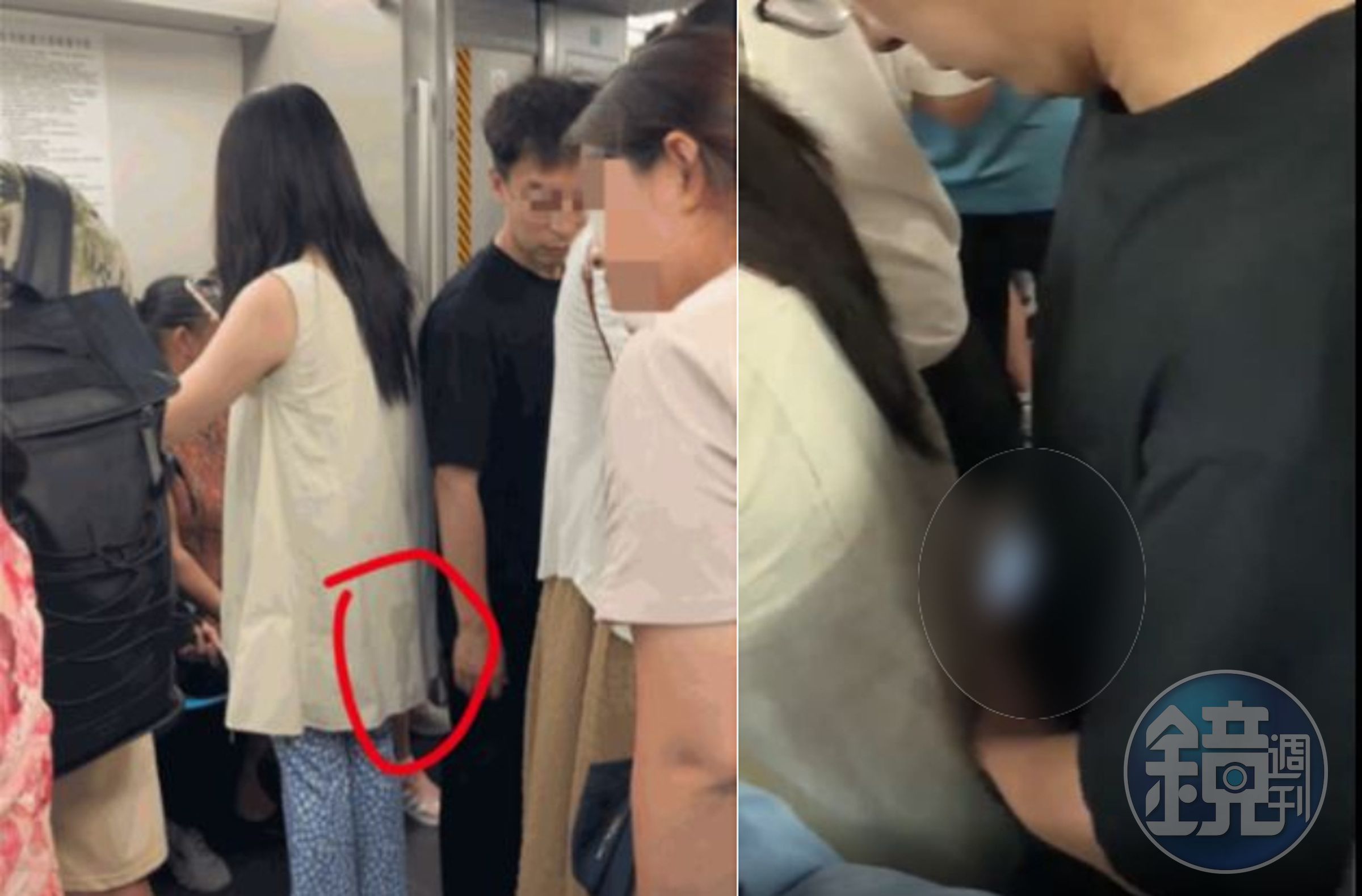 中國地鐵出現囂張癡漢，無視多人在車廂，緊貼著一名女子的背後猥褻，噴得她「後背濕一片」。（翻攝微信）