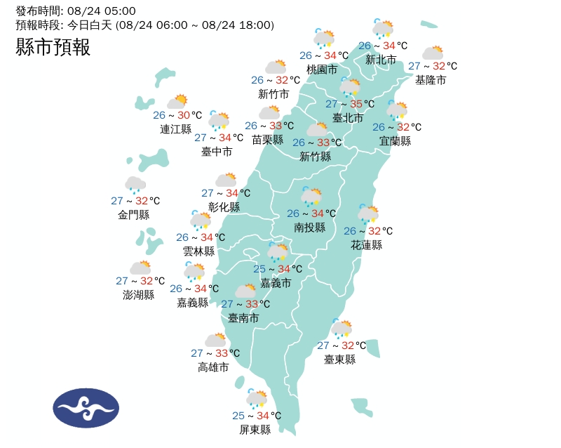 今日白天各地天氣狀況一覽。（翻攝自中央氣象局官網）