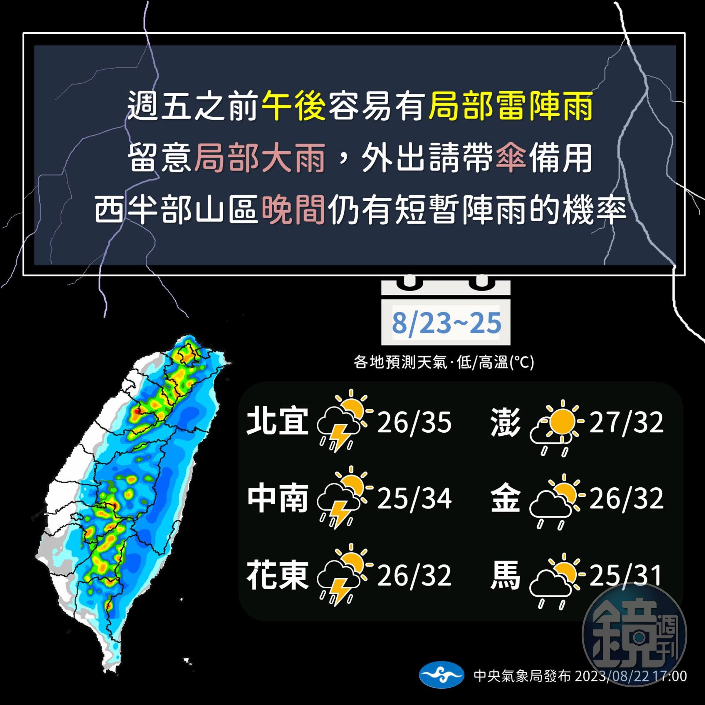 中央氣象局說明，週五前午後易有局部雷陣雨。（翻攝自臉書＠報天氣 - 中央氣象局）