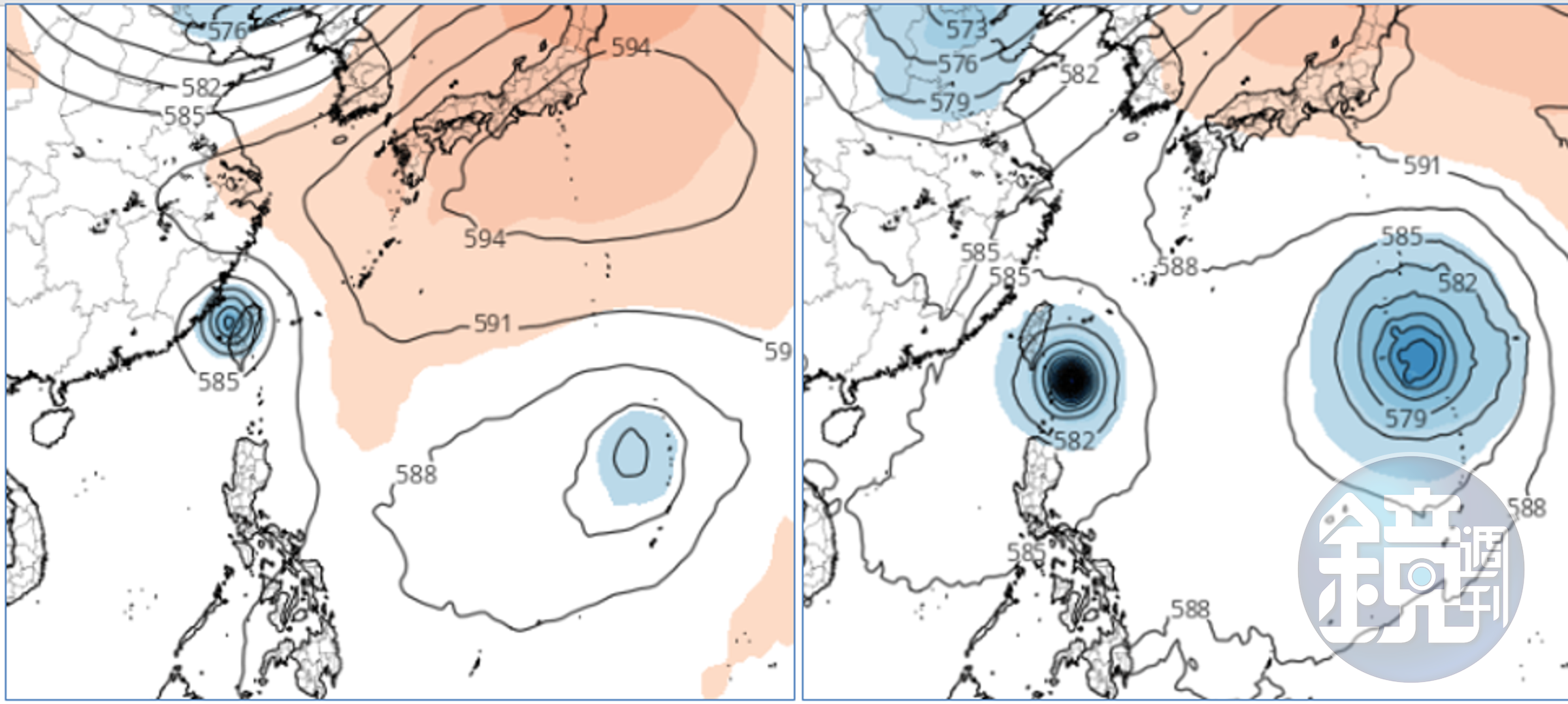 據23日20時歐洲及美國模式模擬顯示，該熱帶系統在呂宋島東北方海面、滯留打轉5天後，撲向台灣；30日20時歐洲模擬已掃過台灣並進入台灣海峽（左圖），美國模擬速度稍慢、但也在台灣門口（右圖）。（翻攝自三立準氣象.老大洩天機／圖擷自tropical tidbits）