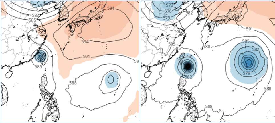 據23日20時歐洲及美國模式模擬顯示，該熱帶系統在呂宋島東北方海面、滯留打轉5天後，撲向台灣；30日20時歐洲模擬已掃過台灣並進入台灣海峽（左圖），美國模擬速度稍慢、但也在台灣門口（右圖）。（翻攝自三立準氣象.老大洩天機／圖擷自tropical tidbits）