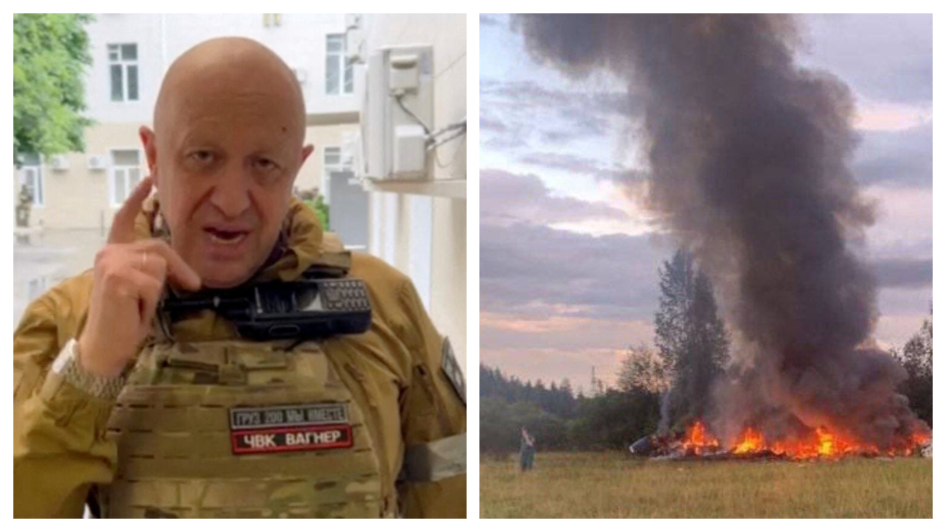 俄媒稱，一架私人班機墜毀於莫斯科北部特維爾地區，機上10人全數罹難，而普里格津恐被燒成灰燼。（翻攝自推特@yabaleftonline、@KhalifKairo）