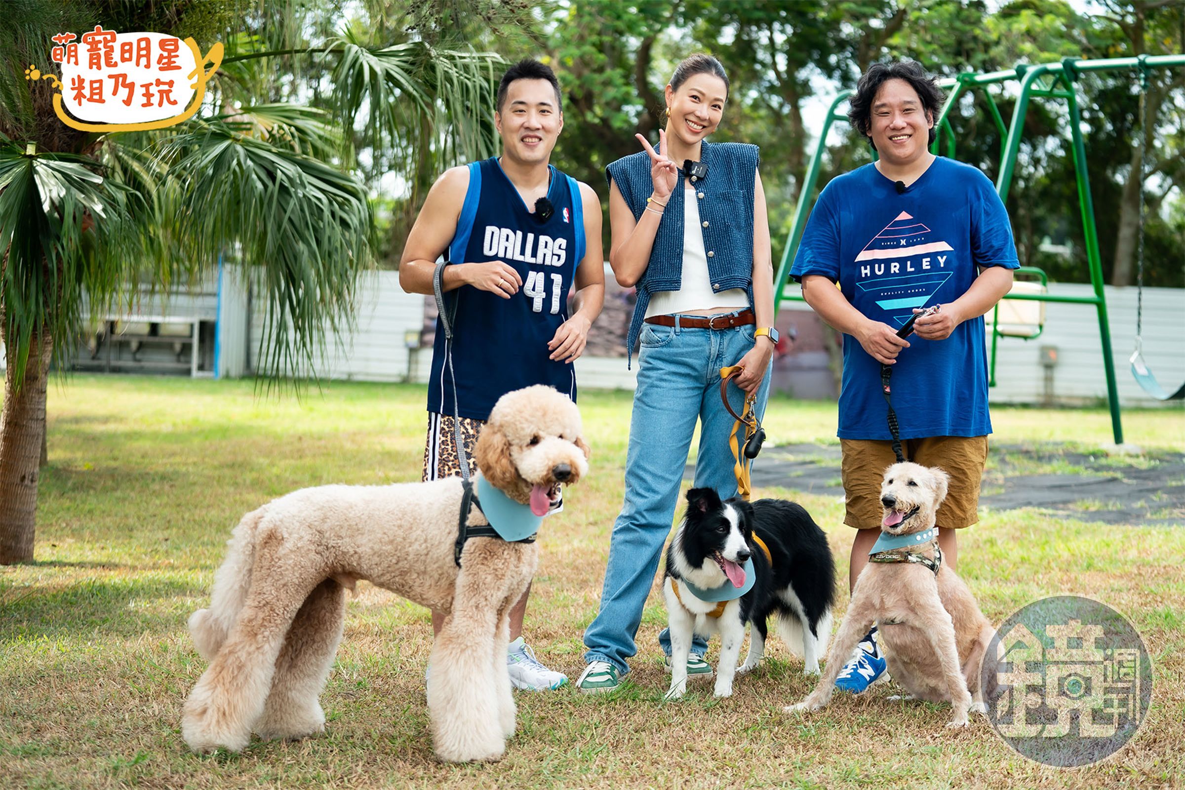 余祥銓(左起)、林又立與阿龐組成藍隊帶著愛犬參加第二屆犬明星運動會。(TVBS提供)