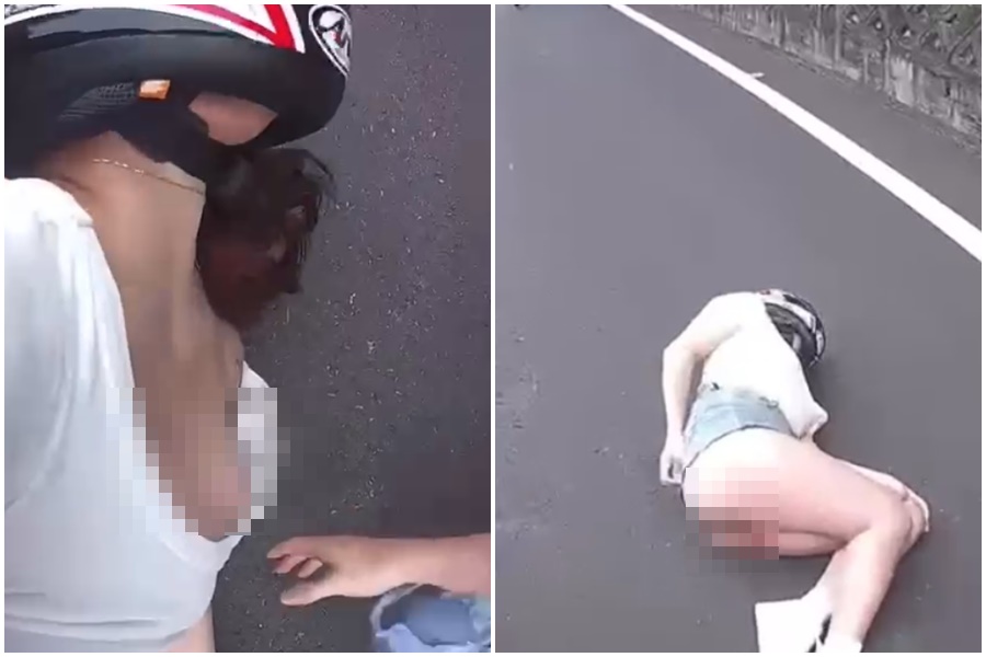 後座正妹慘摔，首當其衝的屁股血淋淋。（翻攝自畫面）
