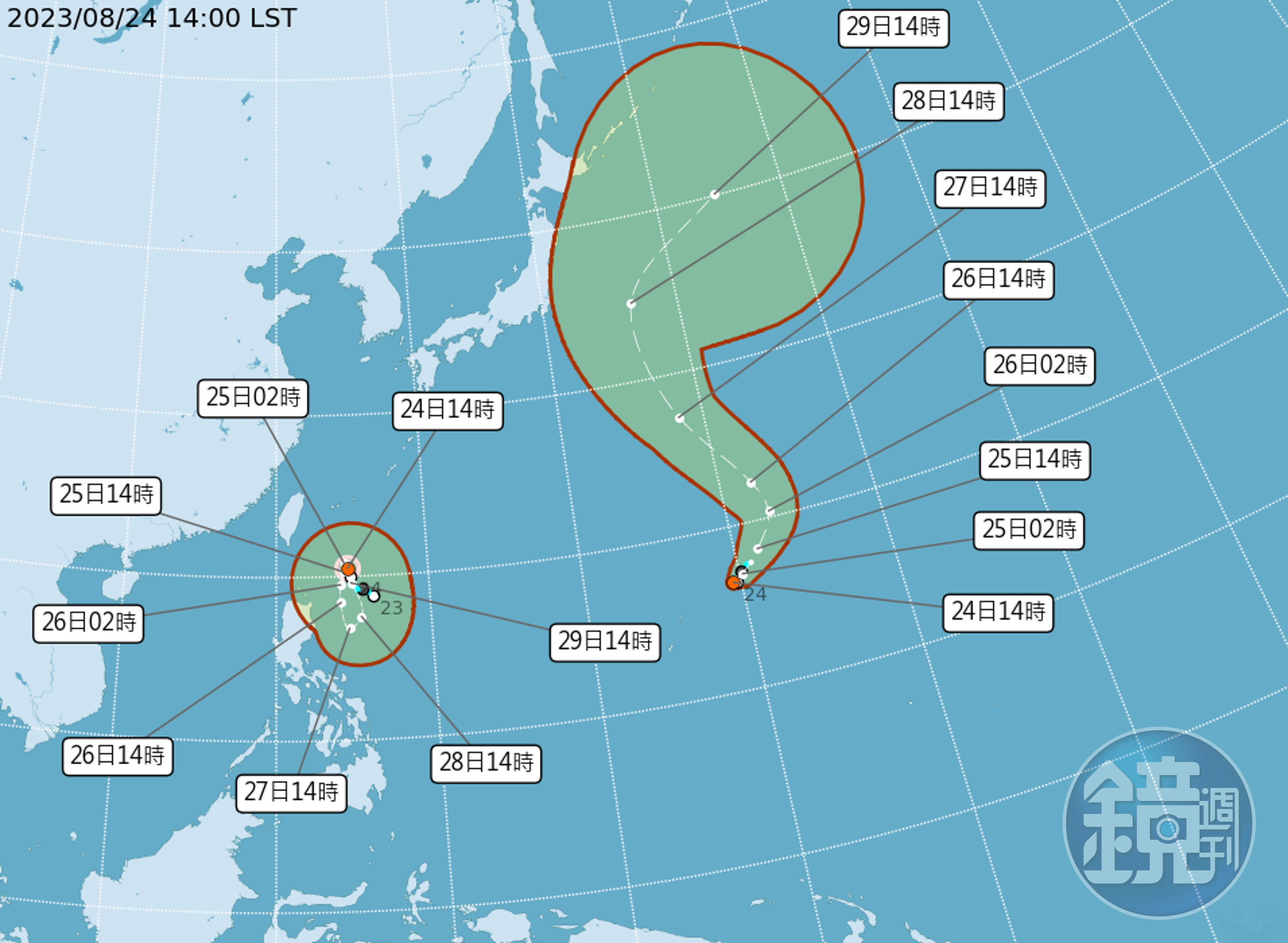 颱風蘇拉已於今下午2時生成,中央氣象局預估,東偏北的熱帶性低氣壓TD11最快明增強為颱風。(中央氣象局提供)