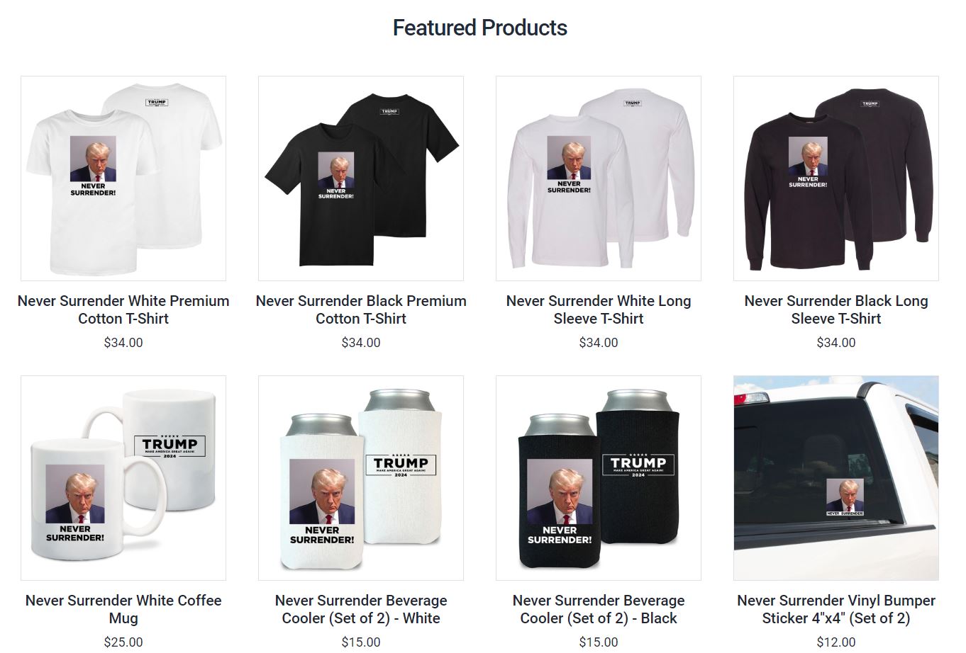 川普競選官網上架嫌犯照周邊商品。（翻攝自DONALDJTRUMP.COM）
