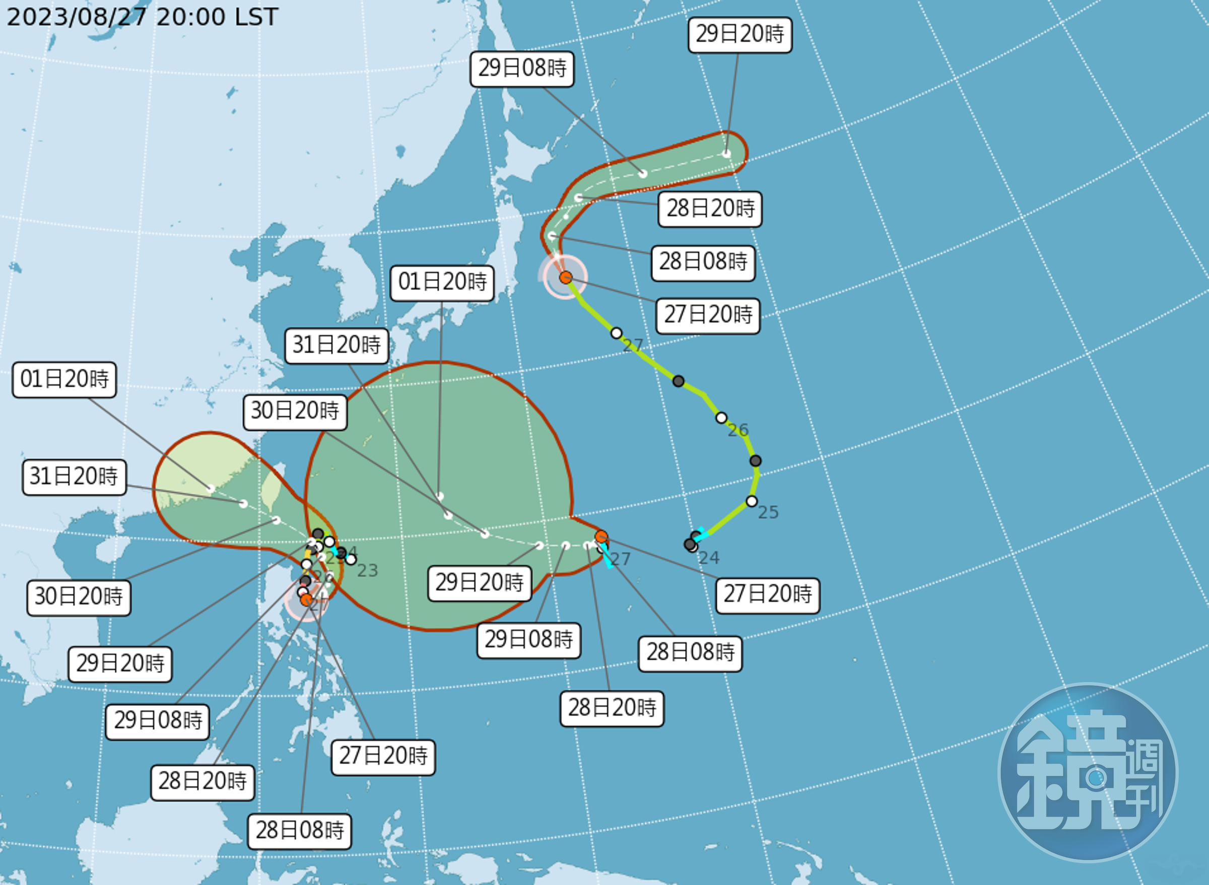 颱風動向持續更新，中央氣象局最新路徑預報顯示，蘇拉已開始轉彎，並將路徑南修。（翻攝自氣象局）