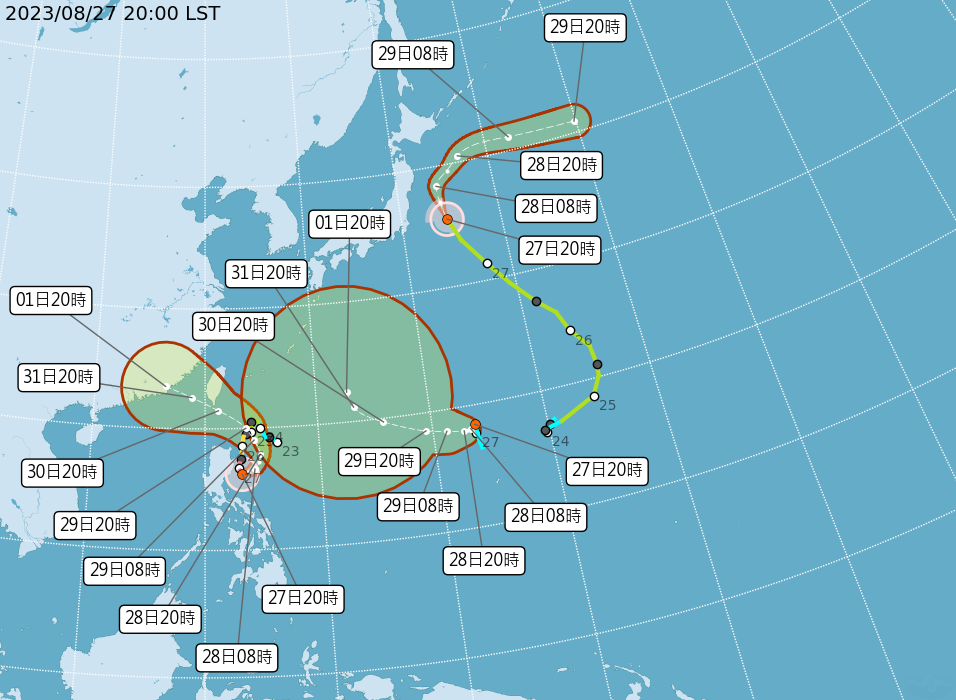 颱風動向持續更新，中央氣象局最新路徑預報顯示，蘇拉已開始轉彎，並將路徑南修。（翻攝自氣象局）