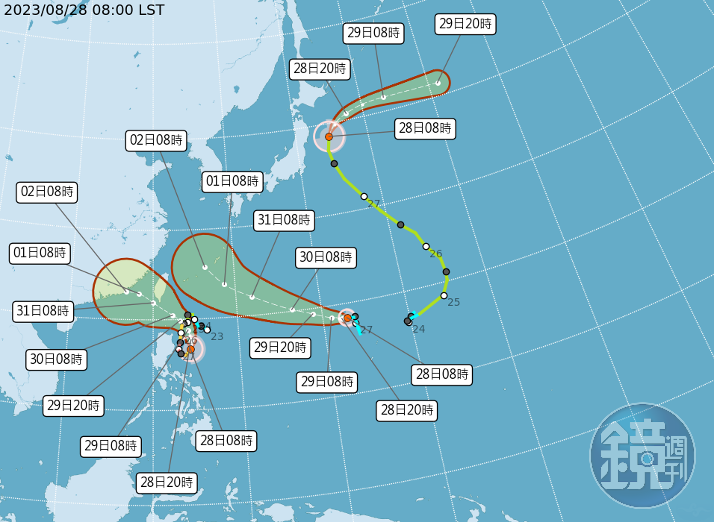 太平洋「三颱共舞」，蘇拉（左起）、海葵、丹瑞。（翻攝自中央氣象局）