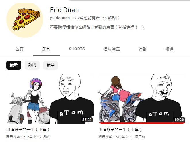 《山道猴子的一生》「Eric Duan」於YouTube更新近況。（翻攝自YouTube@EricDuan）