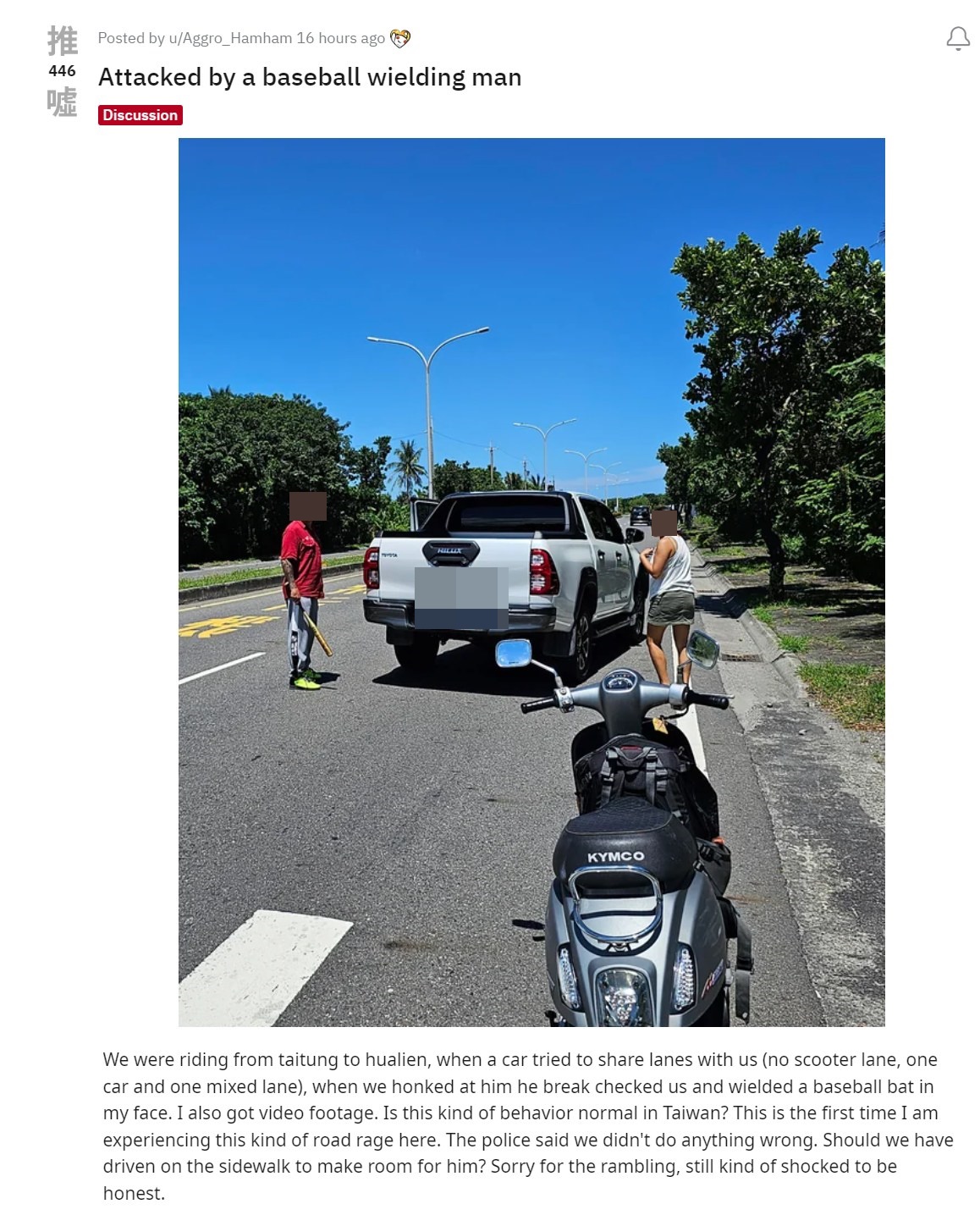 一名外籍人士在Reddit控訴,一名台男逼自己車,並拿球棒威脅。(翻攝自Reddit)