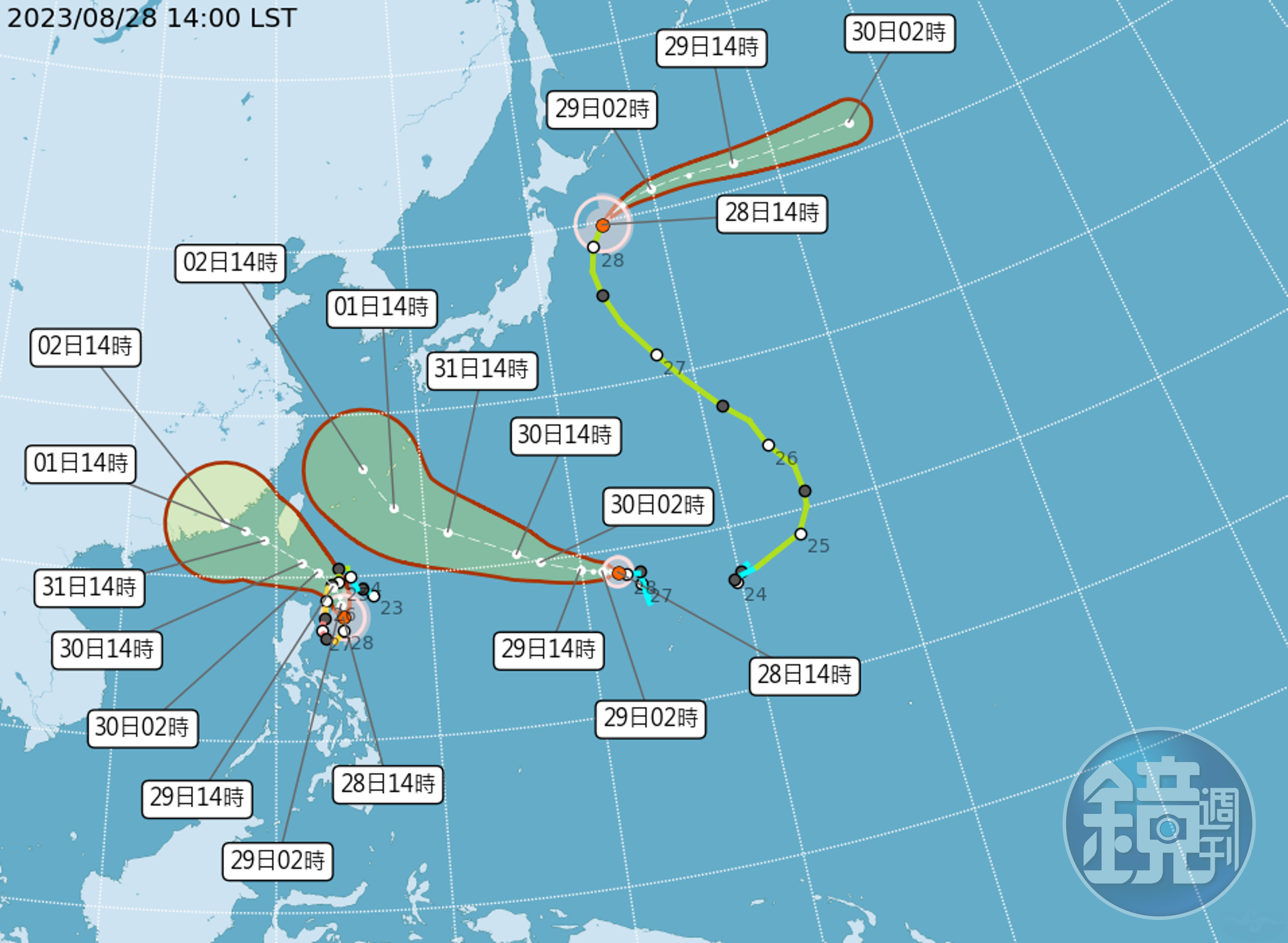 颱風動向持續更新，海上警報預計會於今（28日）晚發布，陸警則最快可能會在明（29日）下半天發布。（翻攝自氣象局）