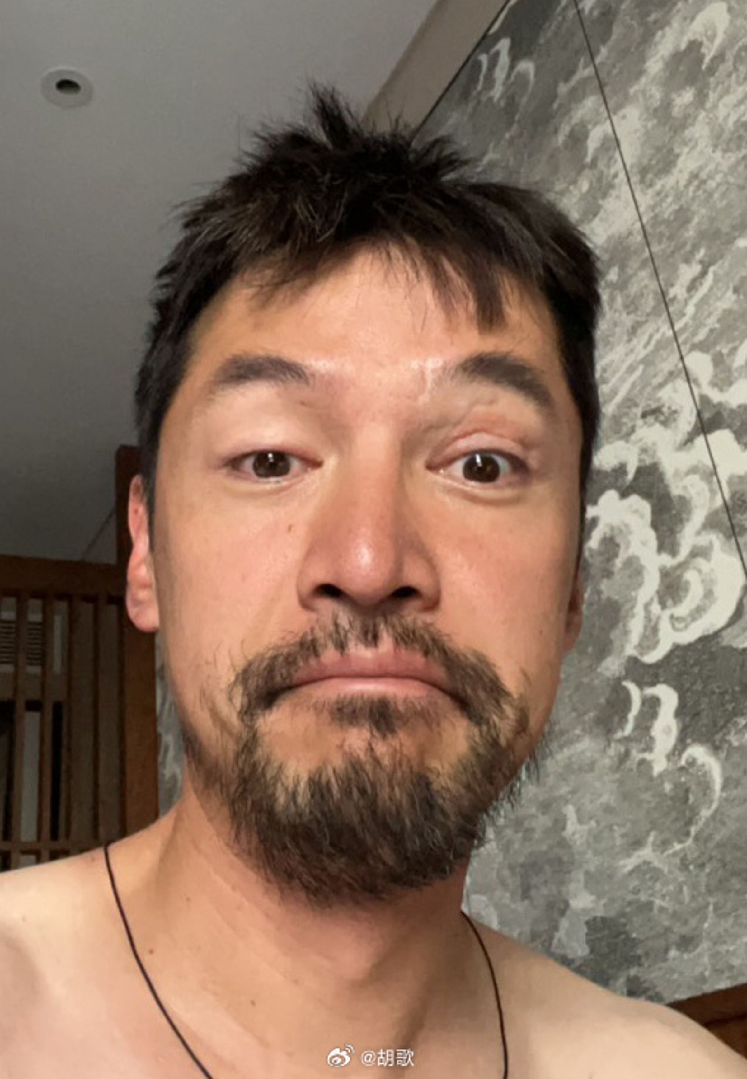 胡歌曬出崩壞自拍照,和他平時在鏡頭前模樣落差甚大。(翻攝胡歌微博)