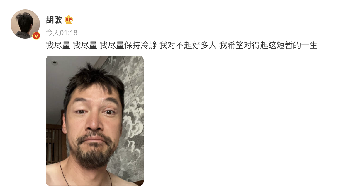 胡歌曬出崩壞自拍照，和他平時在鏡頭前模樣落差甚大。（翻攝胡歌微博）