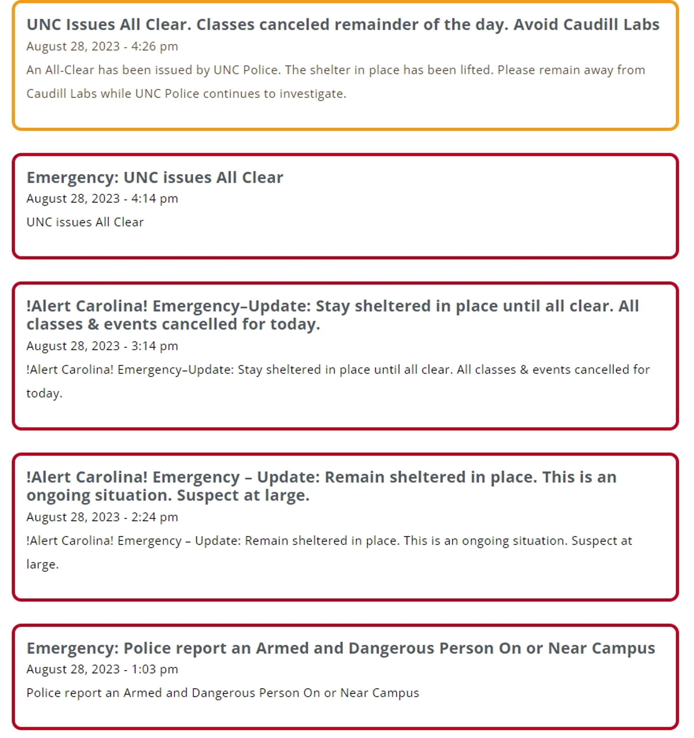 北卡羅來納大學警察一度要求校內人員就地避難,並直指一名嫌疑人在逃。(翻攝自北卡羅來納大學教堂山校區官網)
