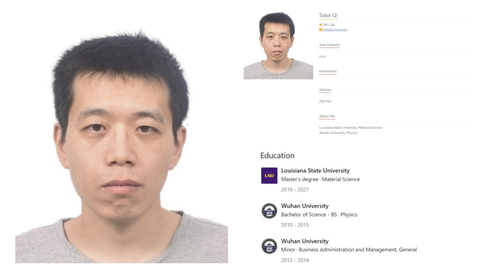 嫌疑人的頭像因與校方名冊上的博士生相符，儘管警方與校方未言明其身分，也被其他人知曉。（翻攝自推特@UNCPolice、@Ultrafrog17）