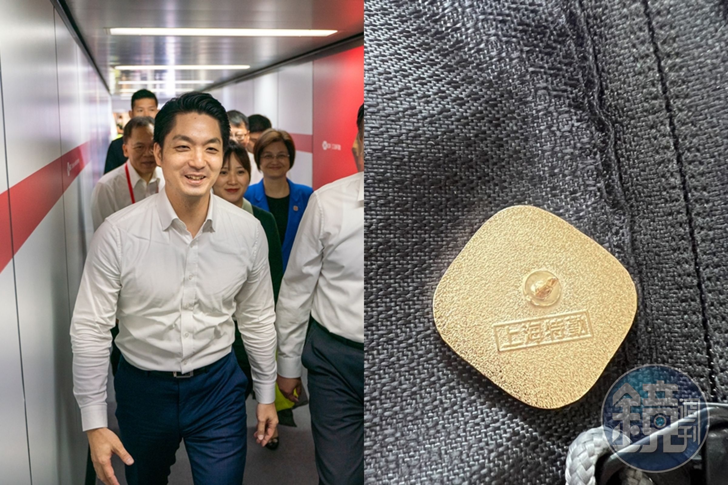 台北市長蔣萬安(左)今抵達上海參加雙城論壇,團隊成員都別有特殊徽章。(左圖為台北市政府提供)