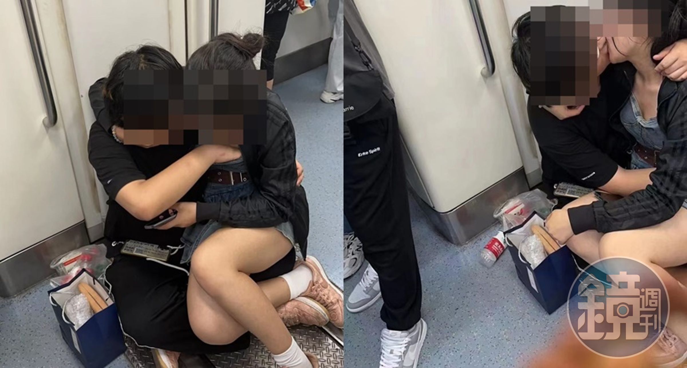 男女不顧四周有人,公然在地鐵車廂內激吻,畫面引起熱議。(翻攝自臉書社團「大埔 TAI PO」)