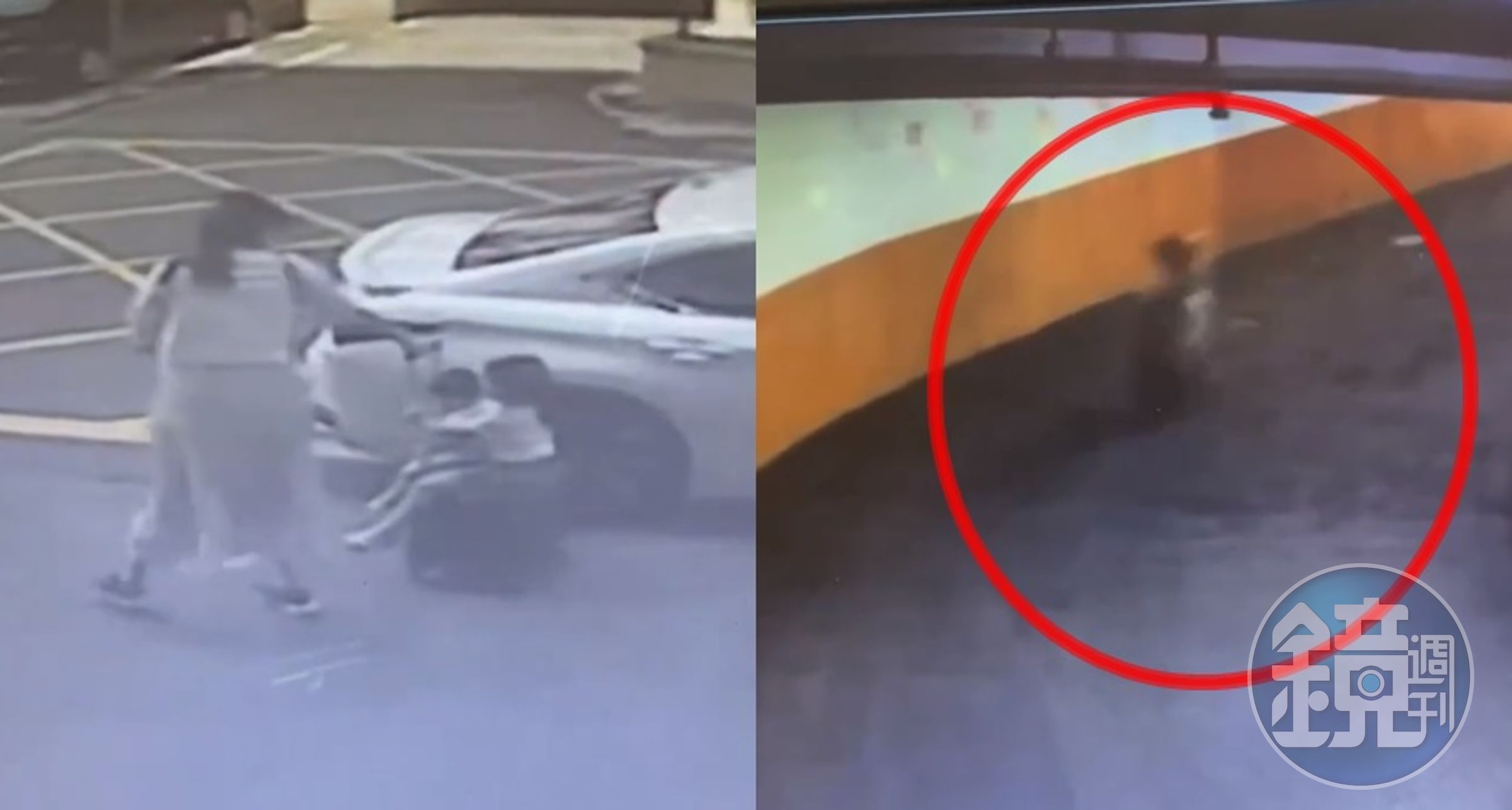 一名媽媽將小孩放在收納車上,結果人與車意外滑落到停車場斜坡,驚悚畫面曝光。(圖:取自爆廢公社)