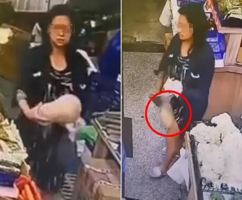 女子將南瓜拿到手後，以迅雷不及掩耳的速度，往裙內塞，讓中國網友看傻。（翻攝自微博）