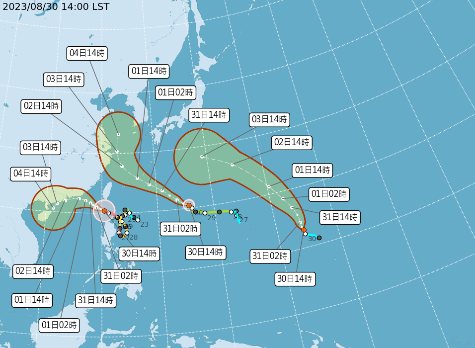 第9號蘇拉颱風移動至鵝鑾鼻南南西方180公里海上，不排除今晚或明清晨就解除陸上警報。（翻攝自氣象局）