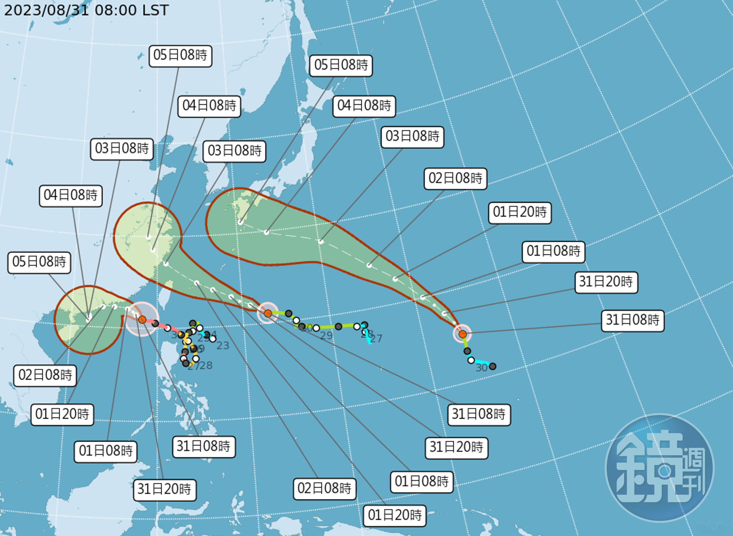 颱風「海葵」若速度、路徑如預期,明天(9月1日)有機會增強成中度颱風,且將於明天白天發布海警。 (氣象局提供)