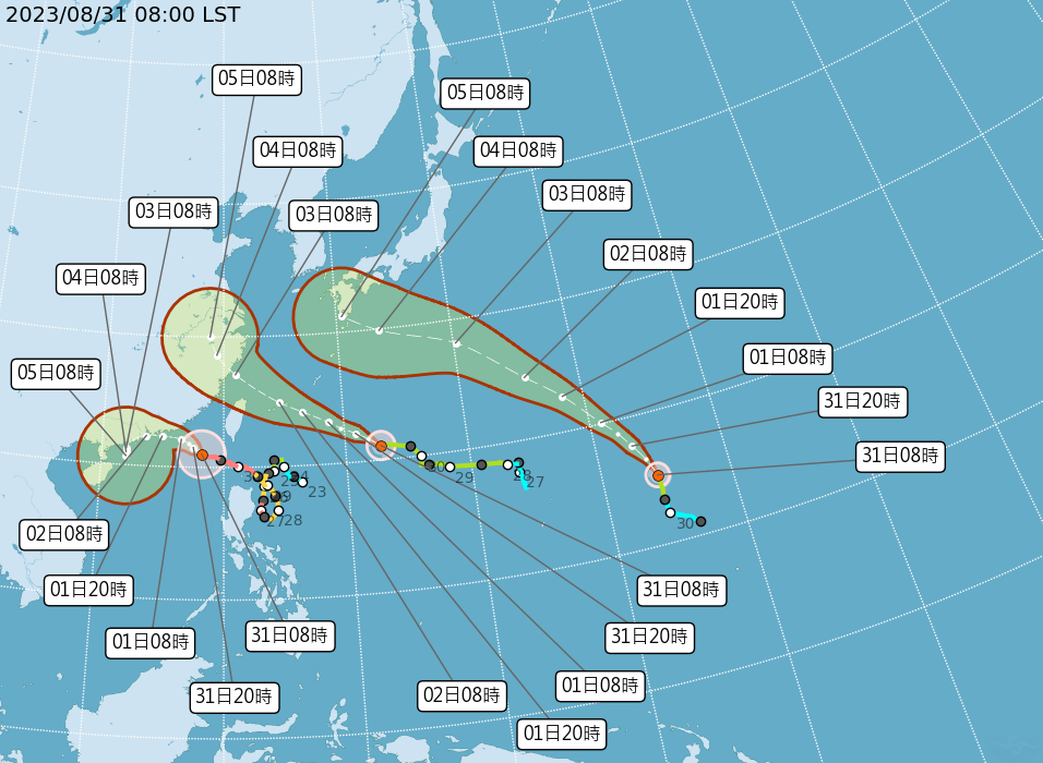 颱風「海葵」若速度、路徑如預期，明天（9月1日）有機會增強成中度颱風，且將於明天白天發布海警。 （氣象局提供）