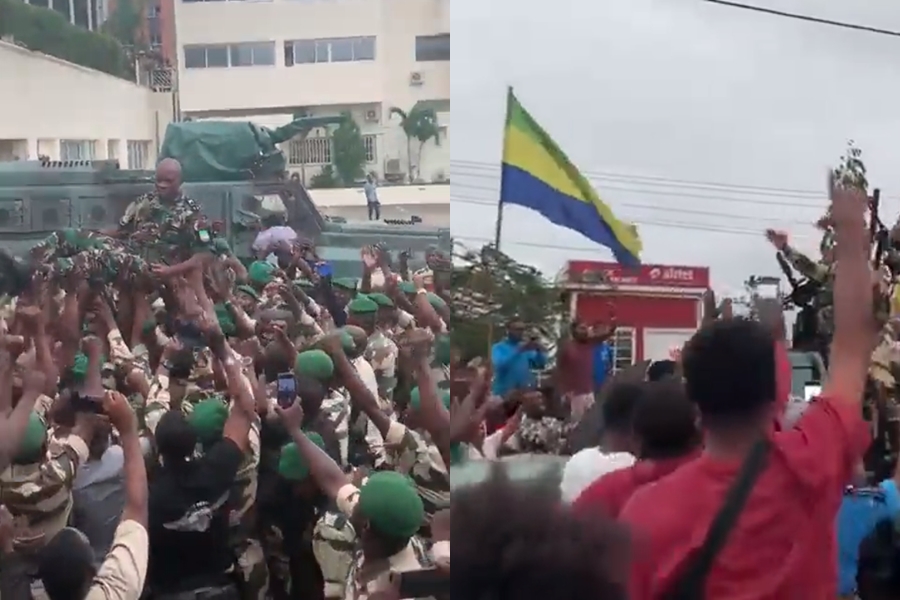 加彭發生政變後，軍隊與民眾均上街歡呼，新任領導人恩古瑪甚至被高高舉起（左圖）。（翻攝自Twitter）