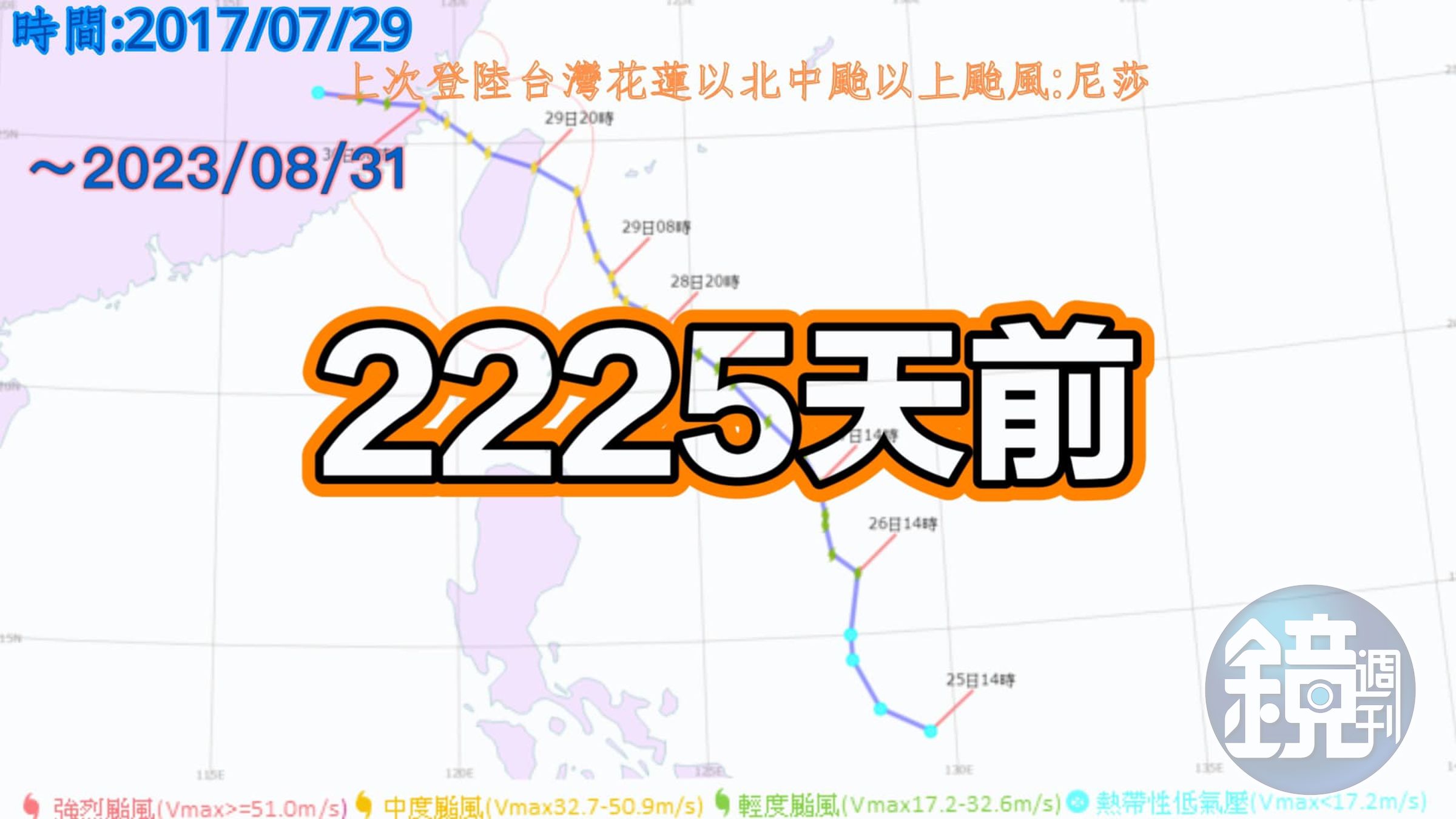 上一個登陸花蓮以北的中颱，是2225天前的「尼莎」。（翻攝自「用事實說颱風」臉書）