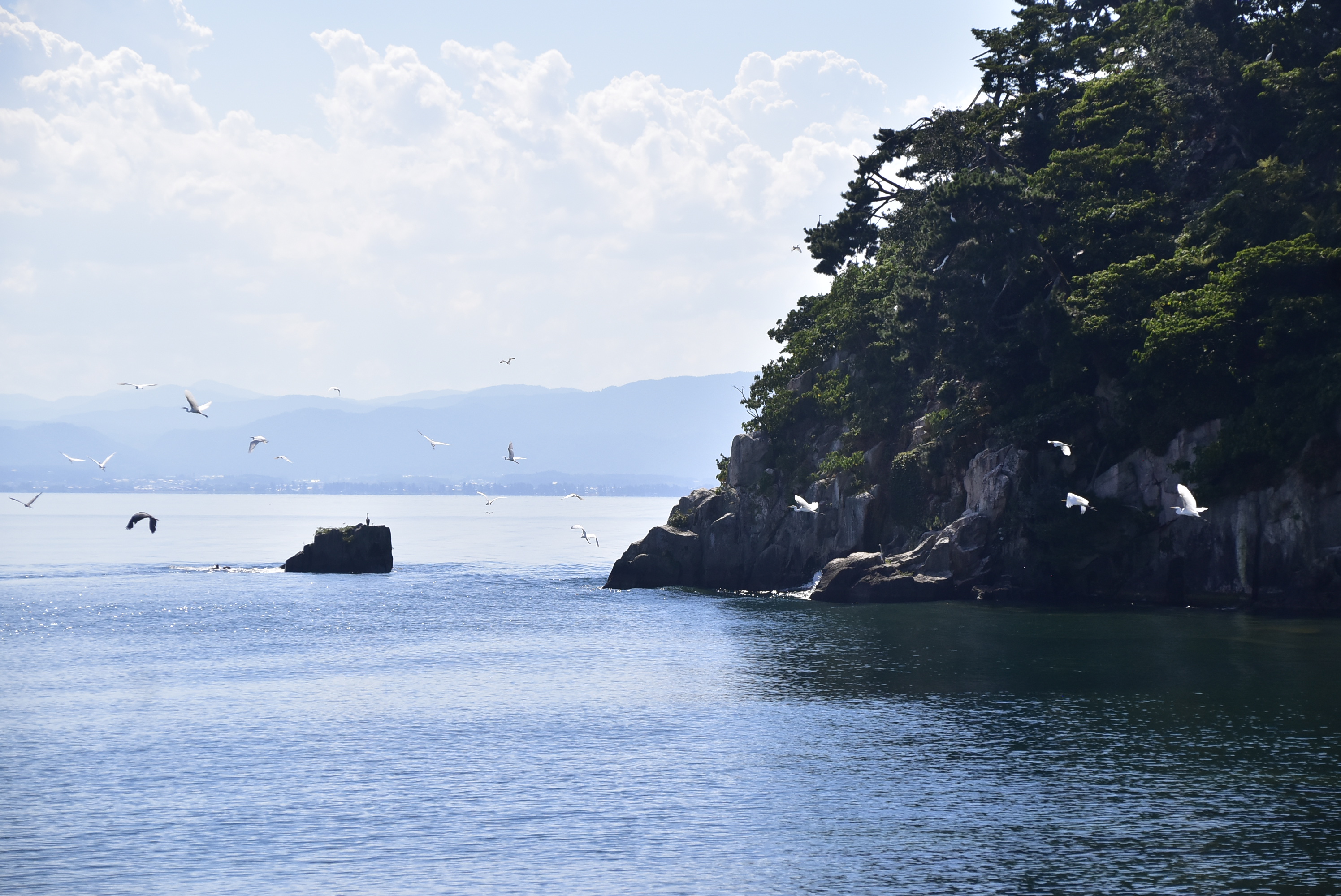 由花崗岩形成的竹生島，因翡翠綠與夕陽美景被入選為琵琶湖八景之一。