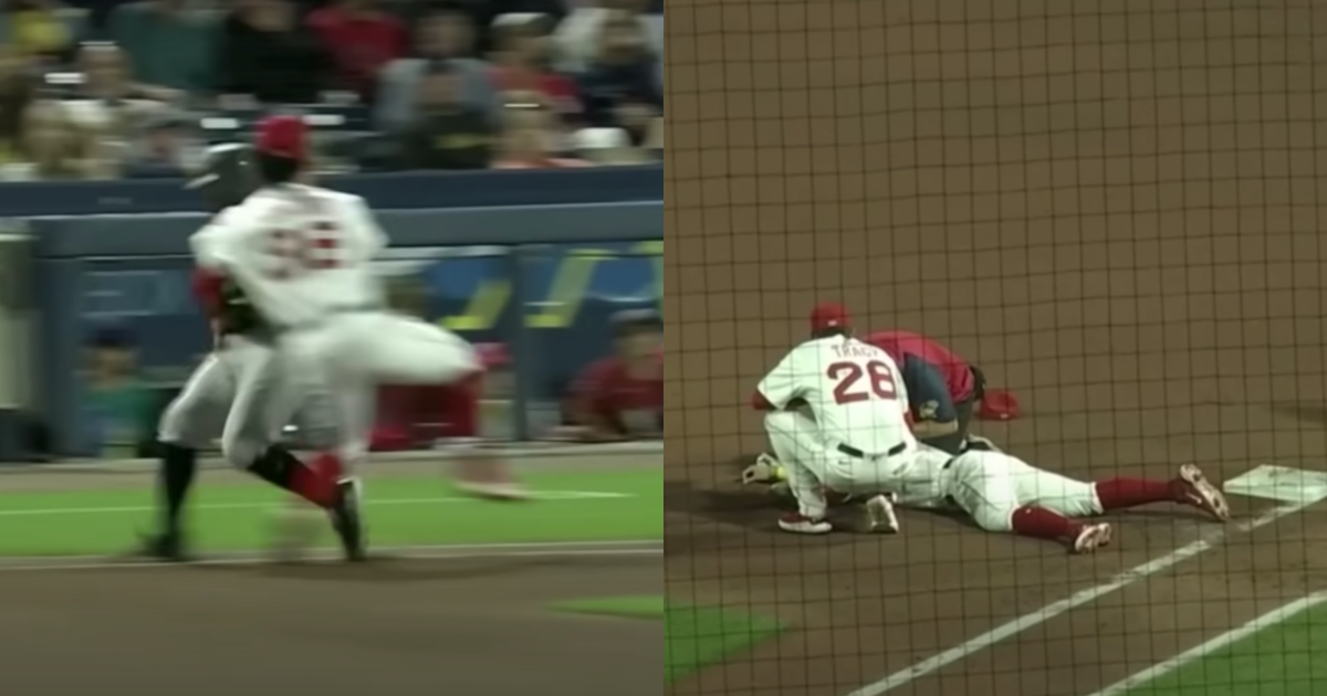 張育成（左圖白衣、右圖倒地者）今日在紅襪3A出賽，守備時與跑者相撞傷退，經診斷為輕微腦震盪。（翻攝自遙控器拿來我要看棒球YouTube）