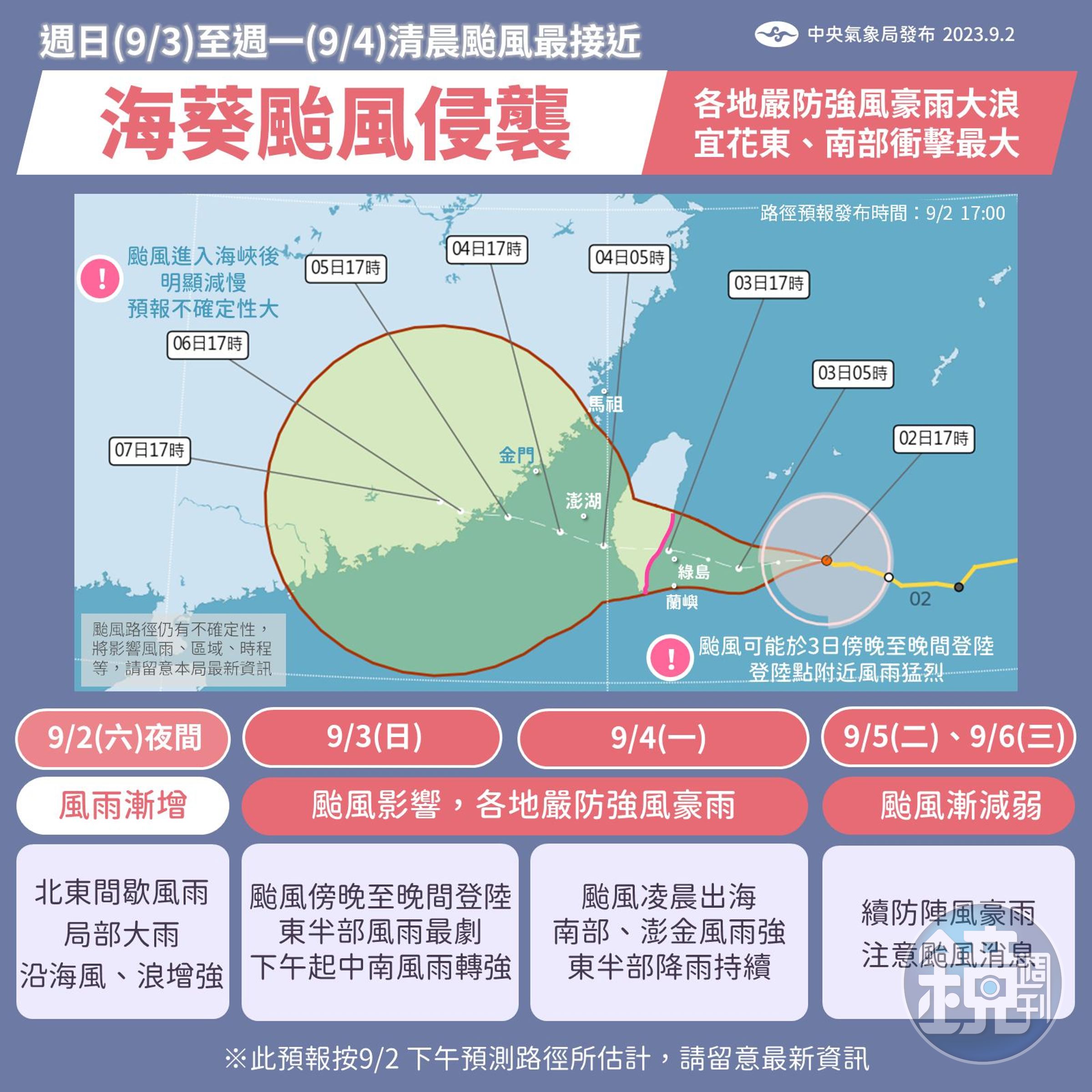 氣象局指出，海葵颱風今日到明日清晨最接近台灣。（翻攝中央氣象局臉書）