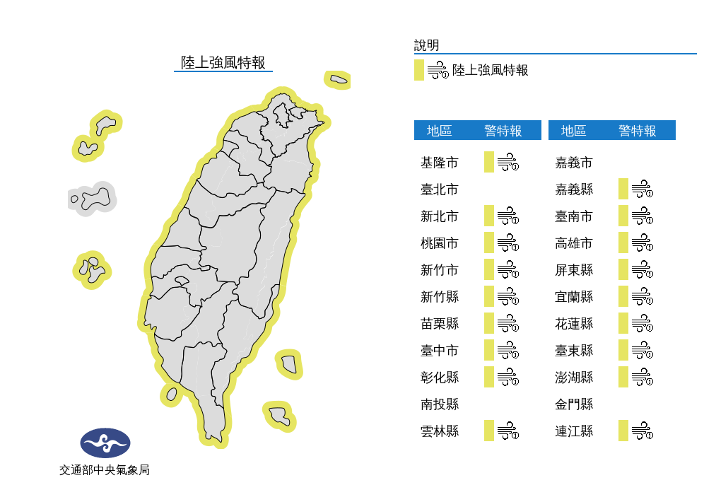 氣象局發布陸上強風特報。（中央氣象局提供）