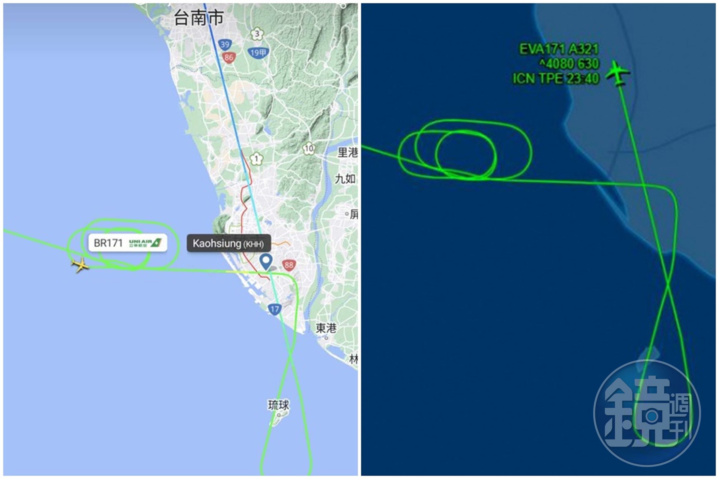 長榮航空一架從南韓仁川機場起飛返台的航班,颱風夜多次嘗試進場高雄,引發網友熱烈關注。(翻攝自翻攝自Flightradar24、flightaware)