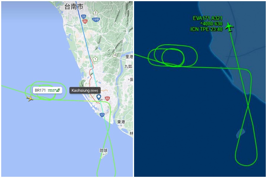 長榮航空一架從南韓仁川機場起飛返台的航班，颱風夜多次嘗試進場高雄，引發網友熱烈關注。（翻攝自翻攝自Flightradar24、flightaware）