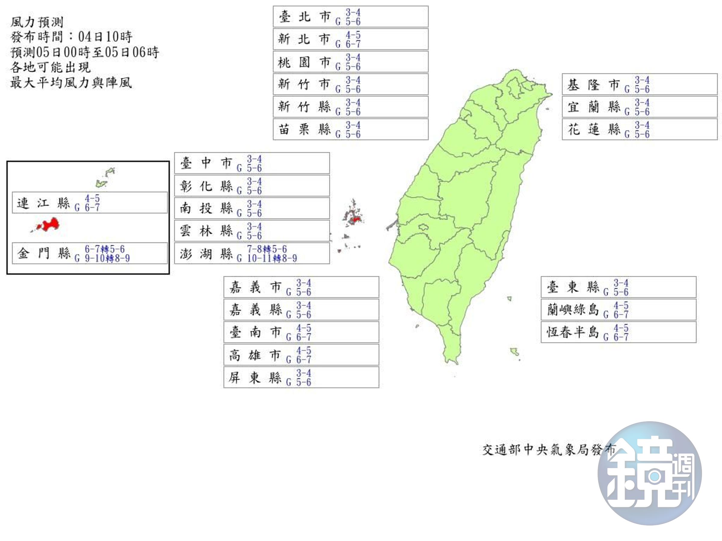 中央氣象局最新風力預測。（中央氣象局提供）