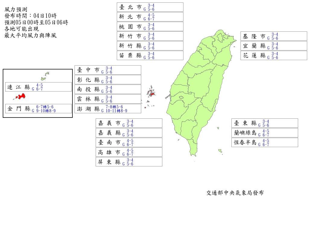 中央氣象局最新風力預測。(中央氣象局提供)