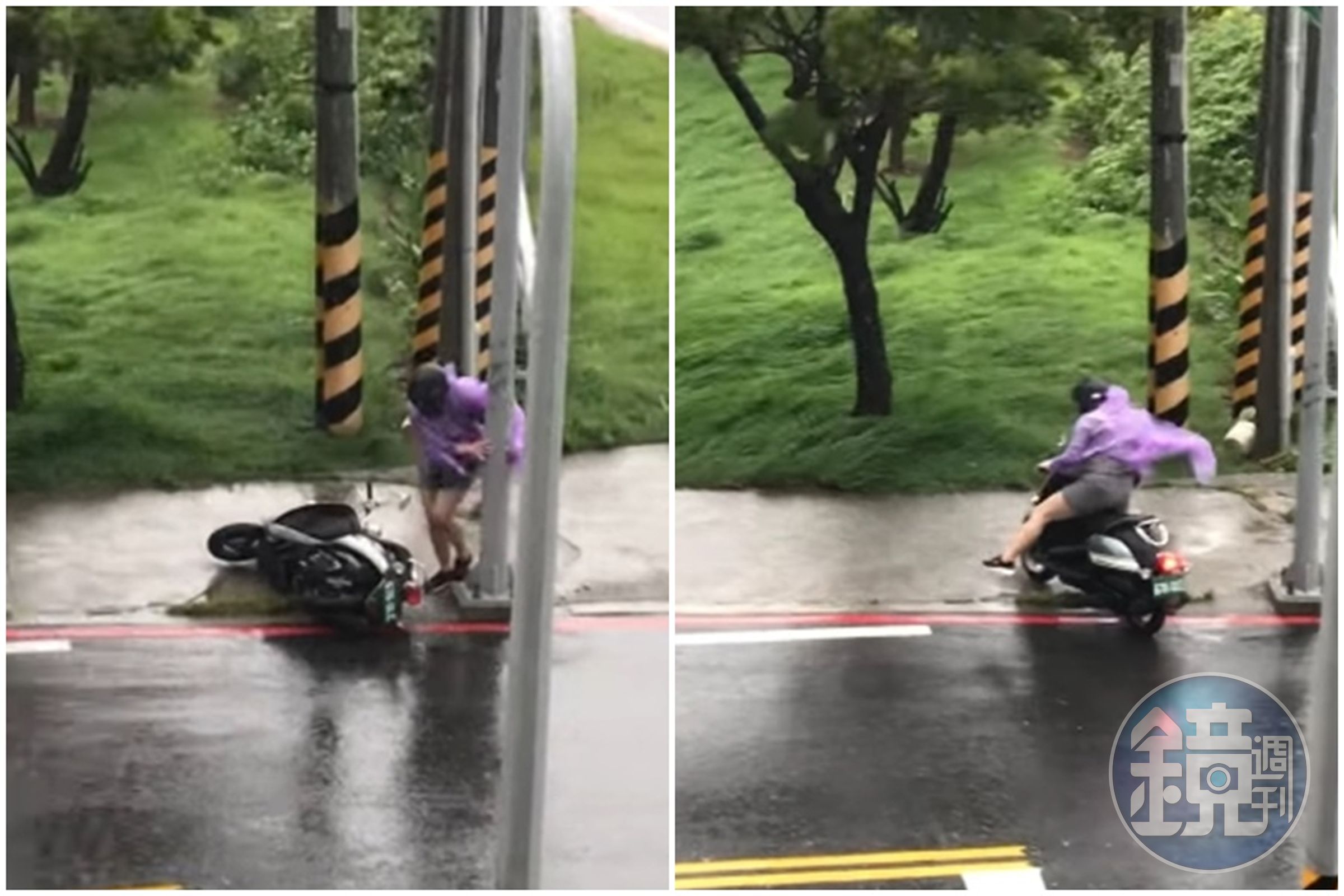 台東路上一名女騎士遭遇強陣風，連人帶車狂搖，最後連機車都被吹倒。（翻攝自臉書台東臉書災害通報臉書）