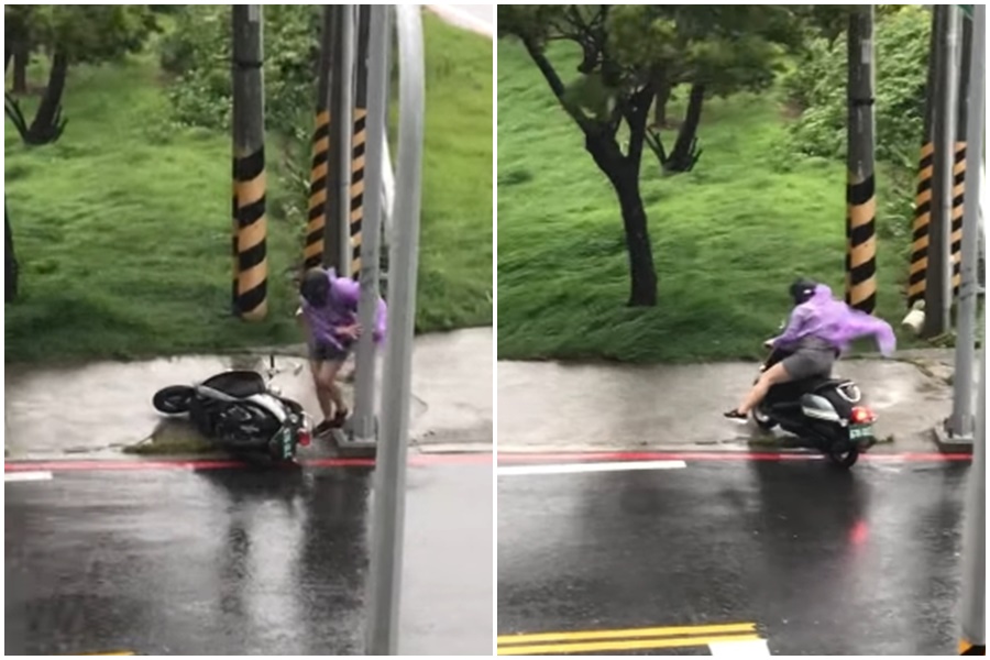 台東路上一名女騎士遭遇強陣風，連人帶車狂搖，最後連機車都被吹倒。（翻攝自臉書台東臉書災害通報臉書）