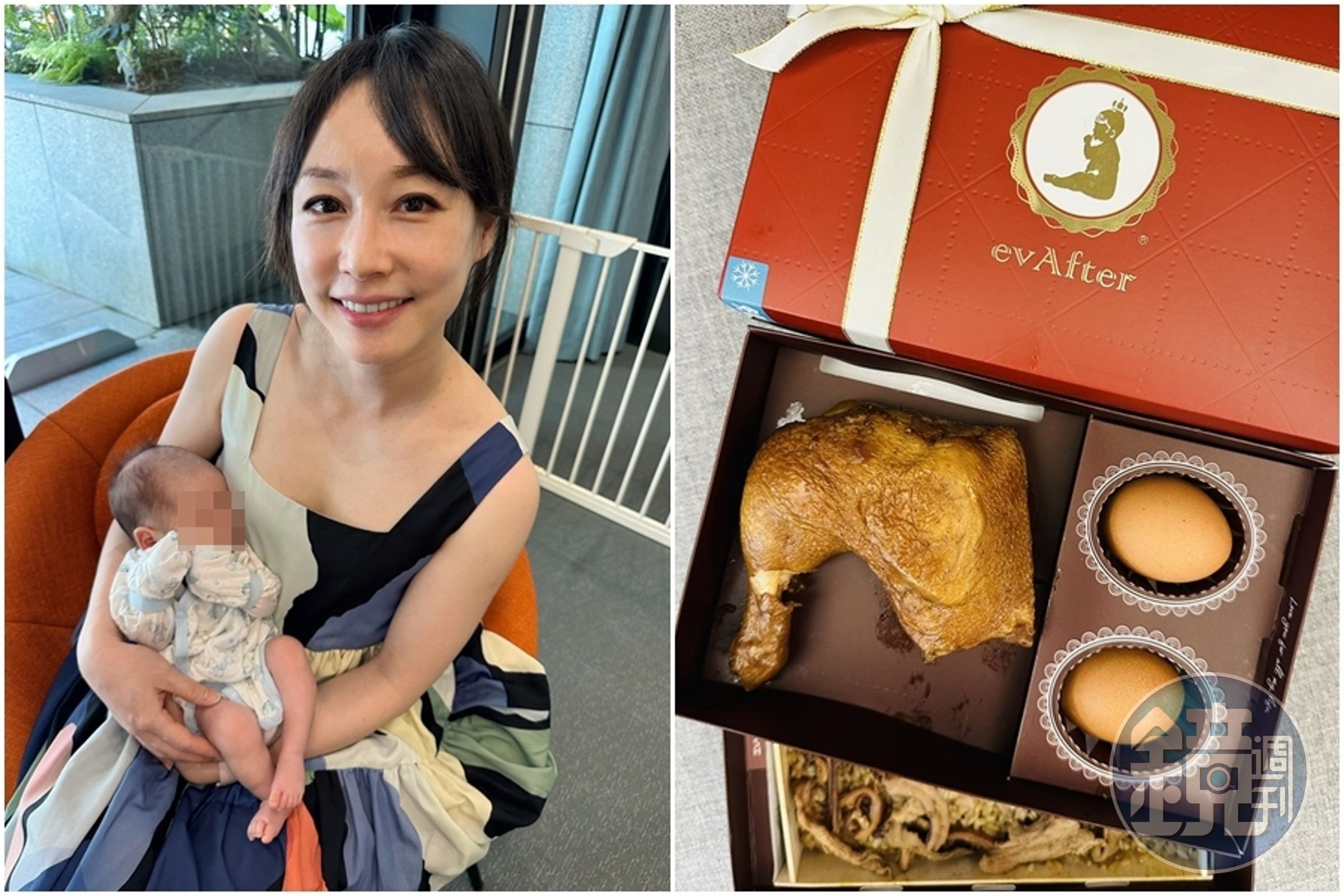 吳宇舒7月順利產下寶貝女兒「Ellie」，她送油飯禮盒當彌月禮，裡面還有超大支雞腿份量超澎湃。（翻攝自吳宇舒臉書）